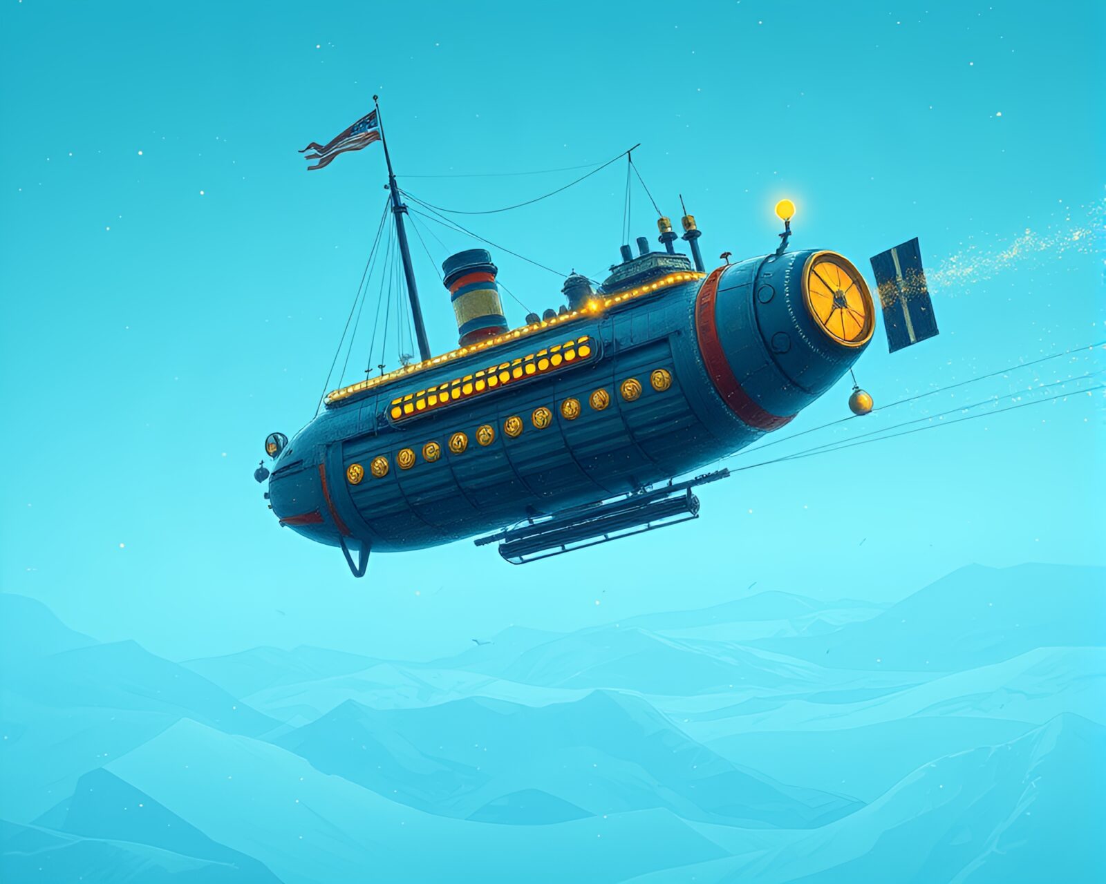 Gorgeous flat color illustration of futuristic airship in arctic setting