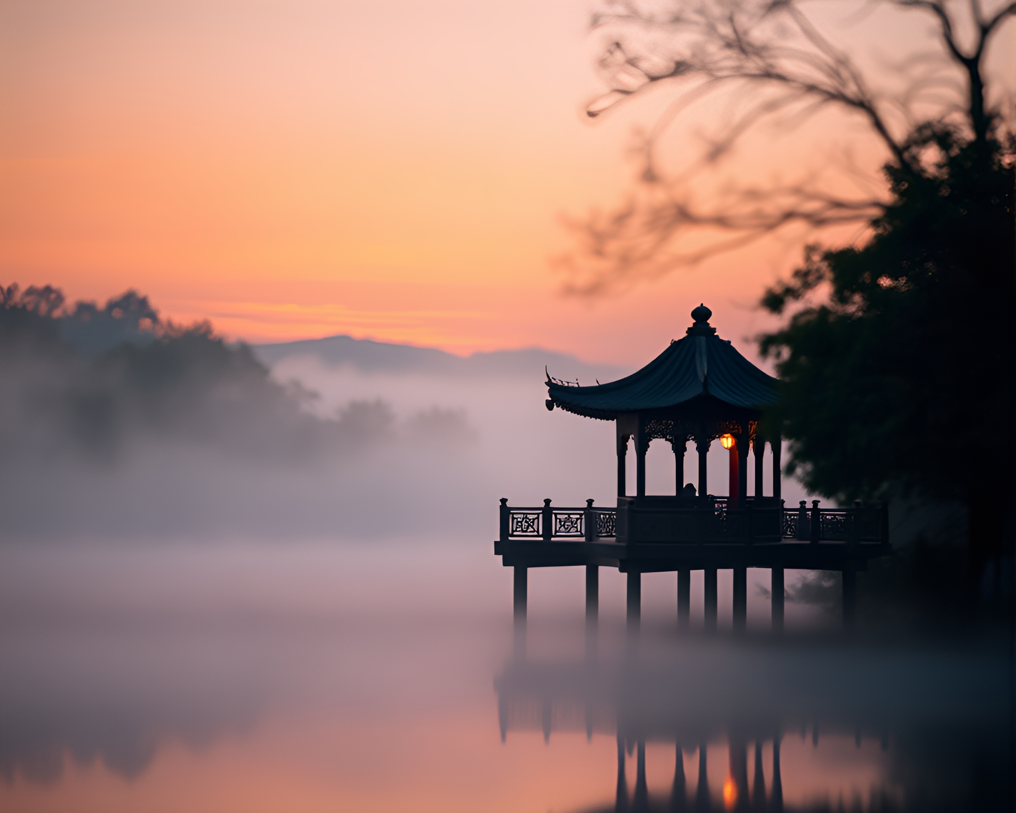 Gilded Floating Pavilion at Dawn Mist with Miniature Effect – free AI stock image