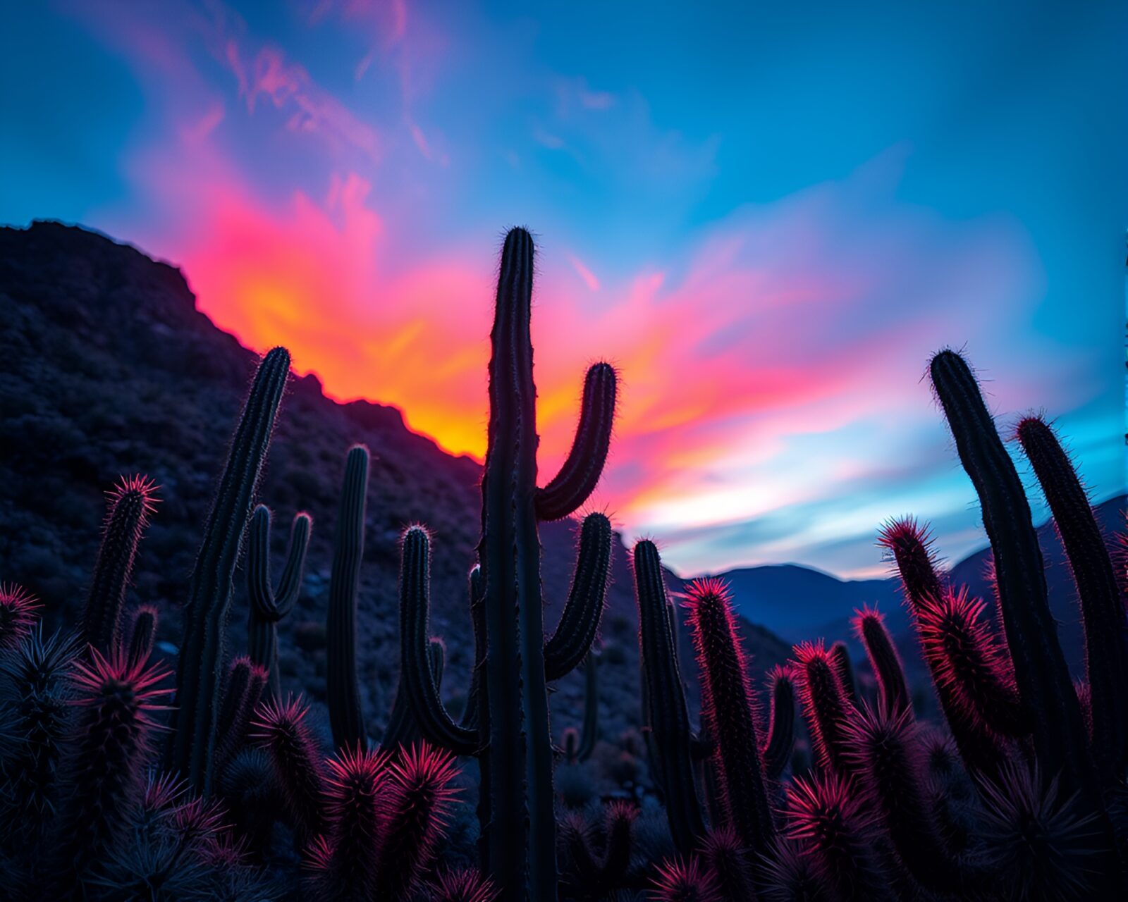 Mesmerizing neon cactus under aurora hues and soft contours