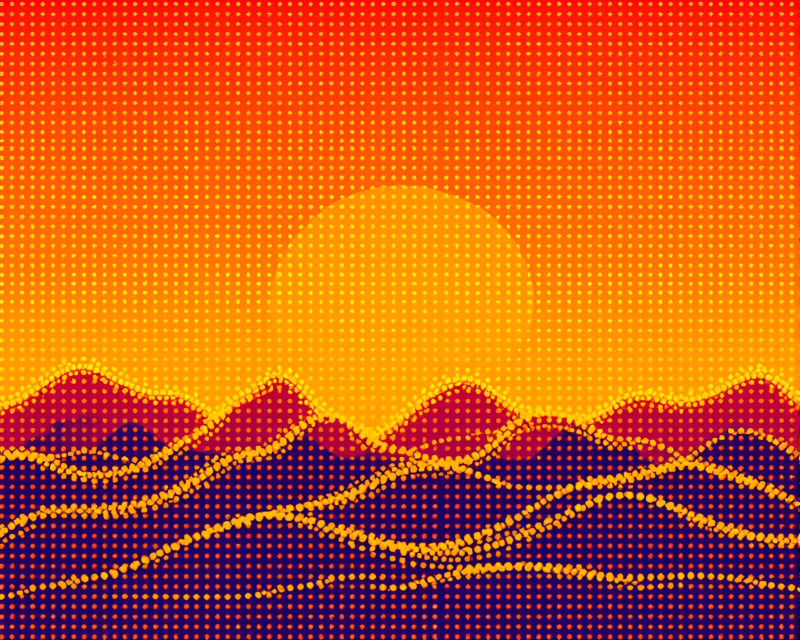 Abstract digital sunset with retro wave grid and cel shading