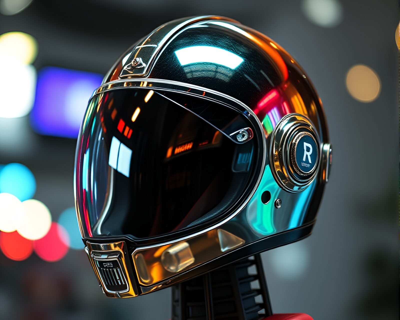 Shiny helmet with intricate foil stamping design on glowing backdrop