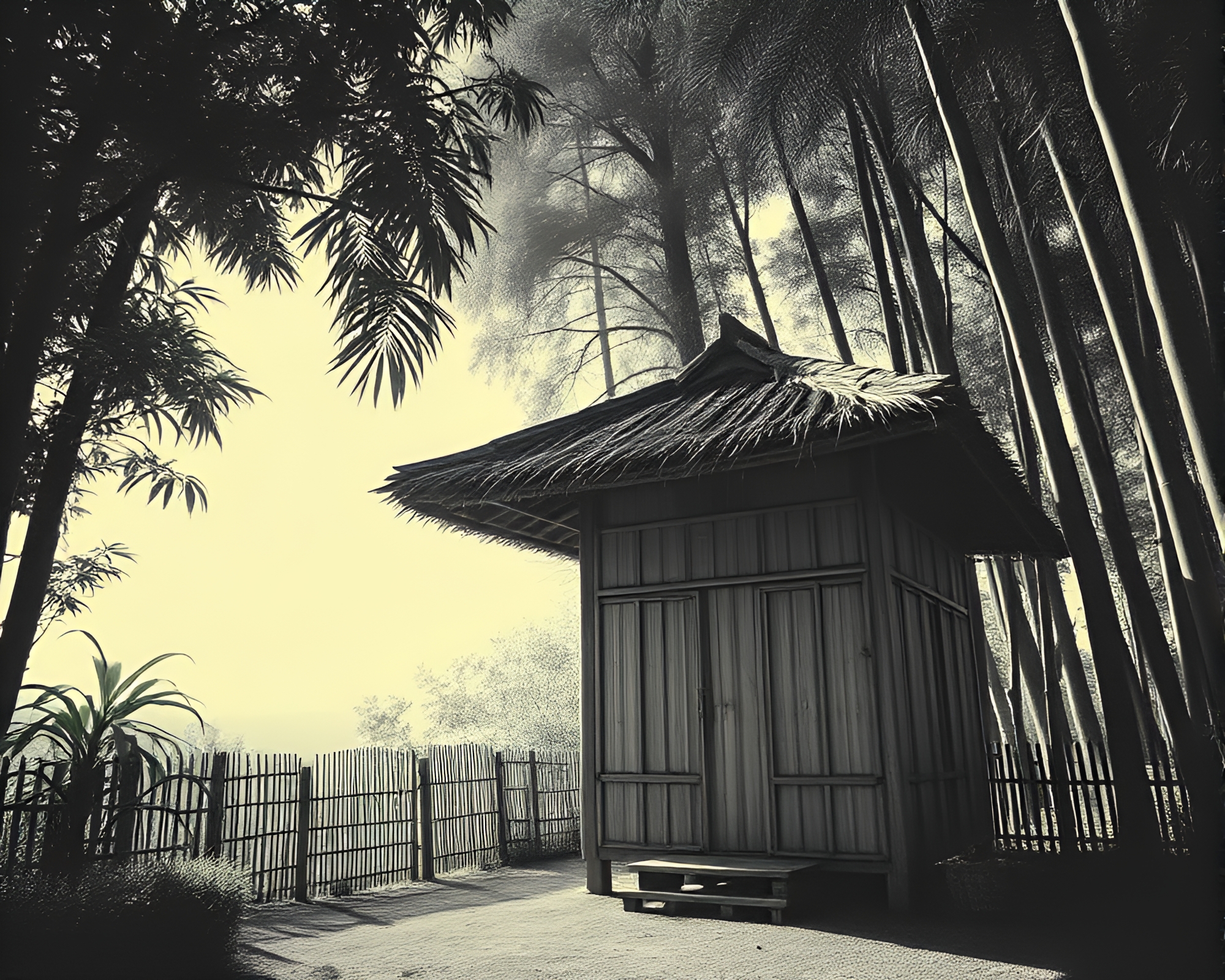 Serene Bamboo Hut in Stipple Shade: A Cross-Processed Dream – free AI stock image