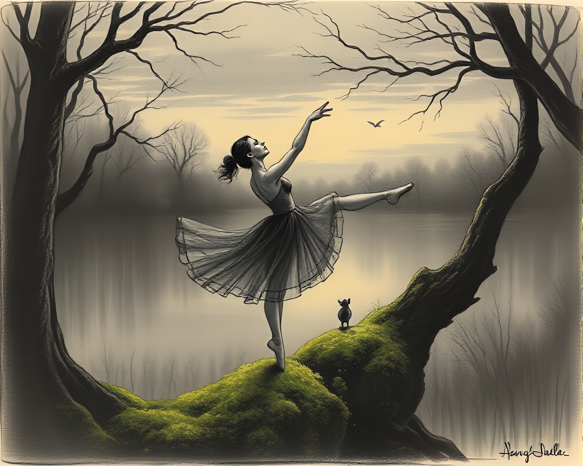 Ballet Dancer in Engraved Moss Garden at Dusk – free AI stock image