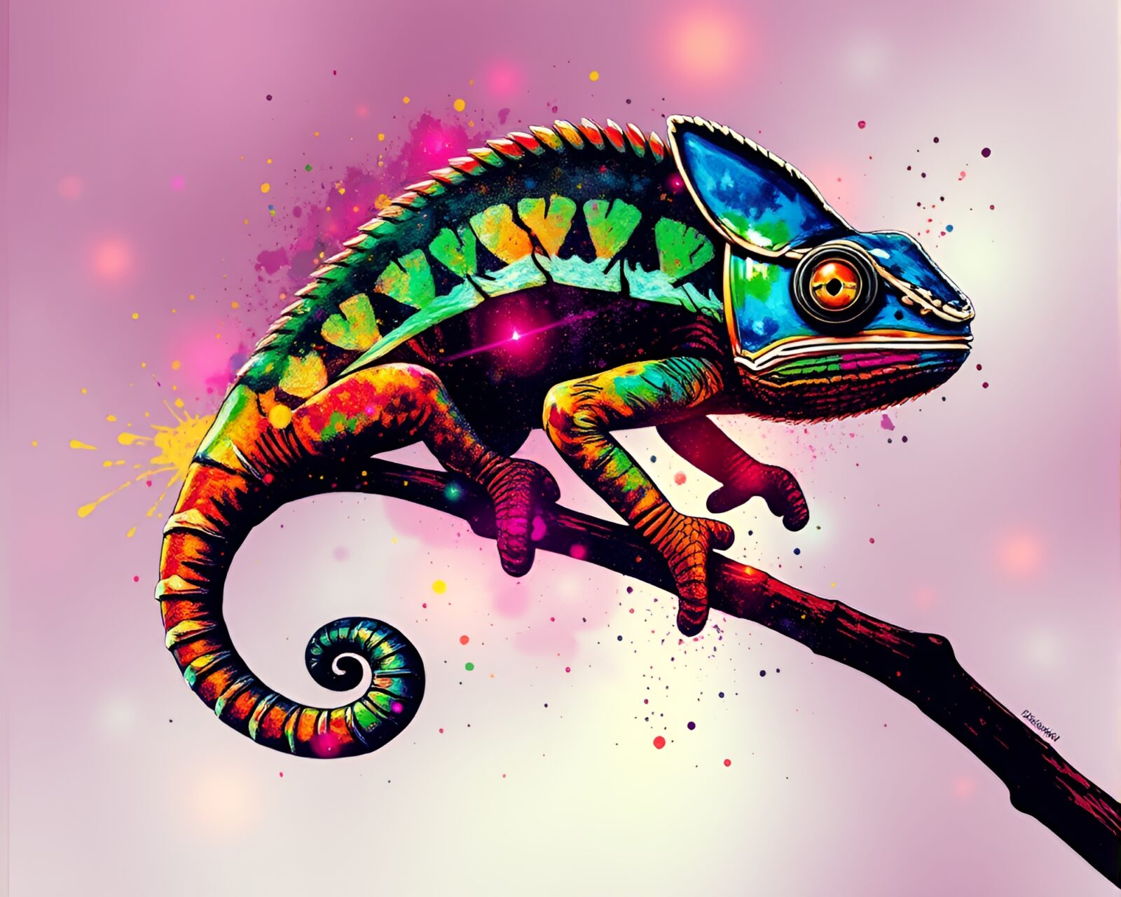 Colorful chameleon blending into vibrant ink splashes, glossy highlights