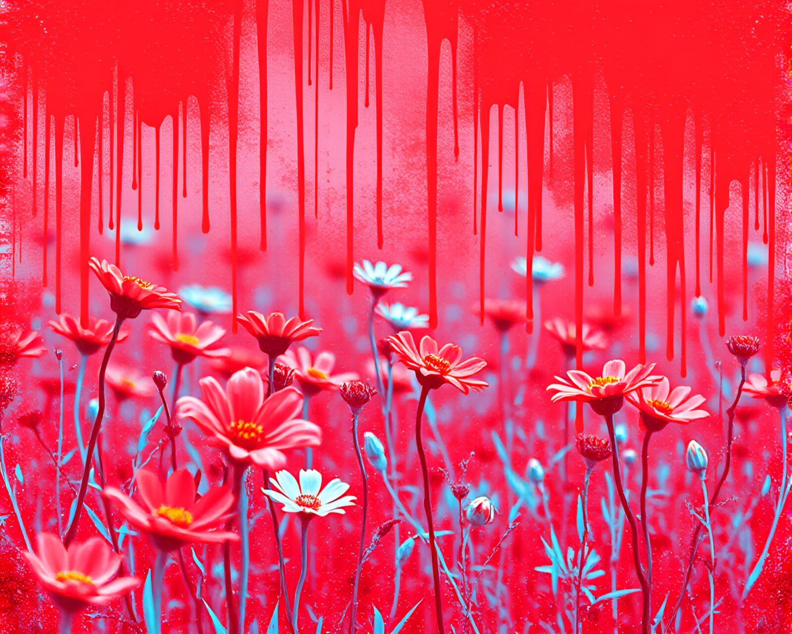Digital glitch image of flowering meadow with red-blue tones