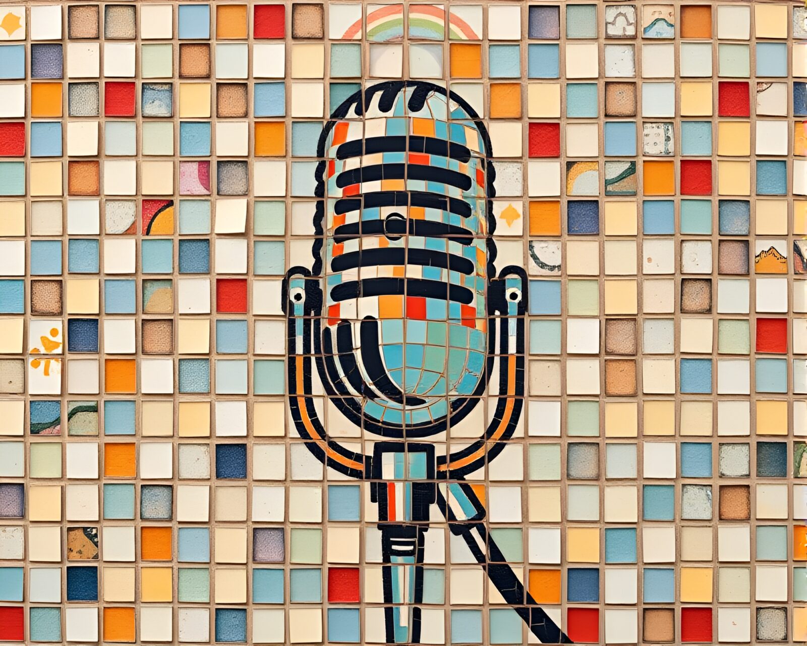 Colorful graffiti-themed microphone integrated into a mosaic art piece