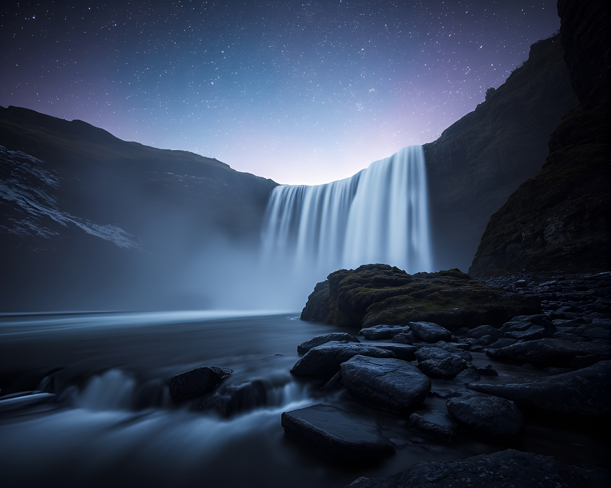 Tranquil Waterfall Scene in Polar Twilight – free AI stock image