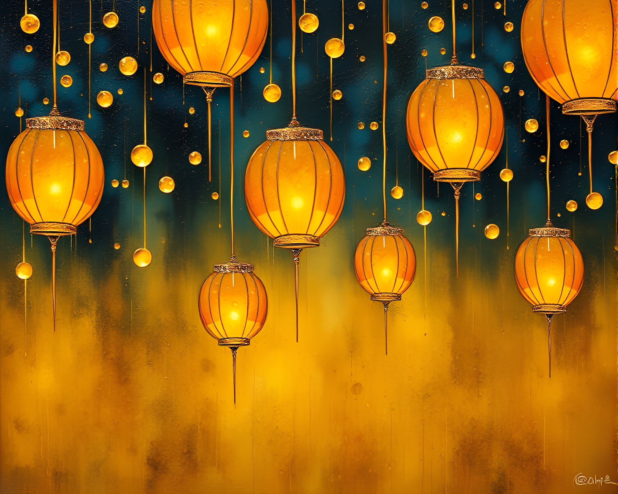 Savannah Gold Rain Droplets and Floating Lanterns – free AI stock image