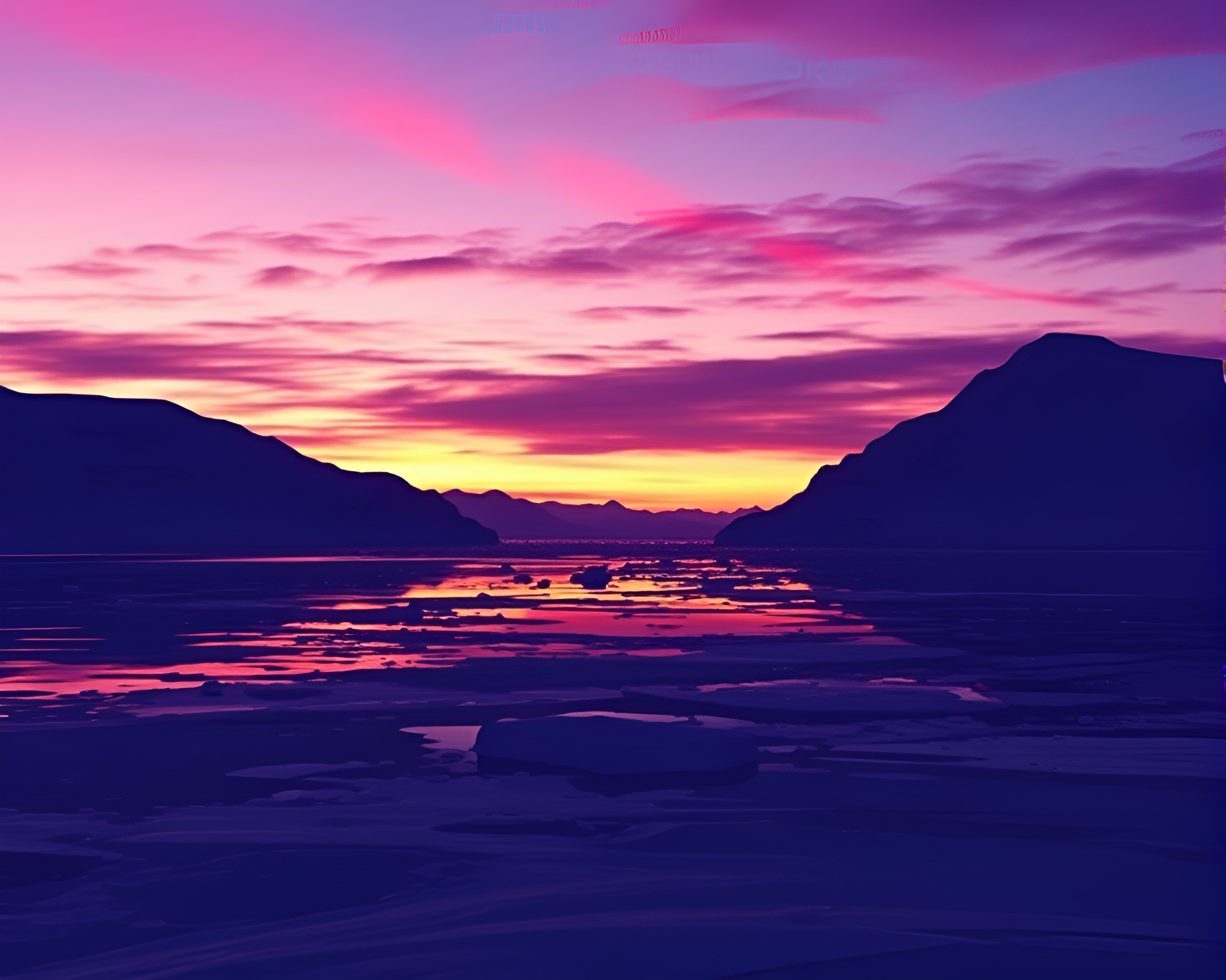 Vaporwave Sunset in Antarctic Whiteout LED Pixel Grid – free AI stock image