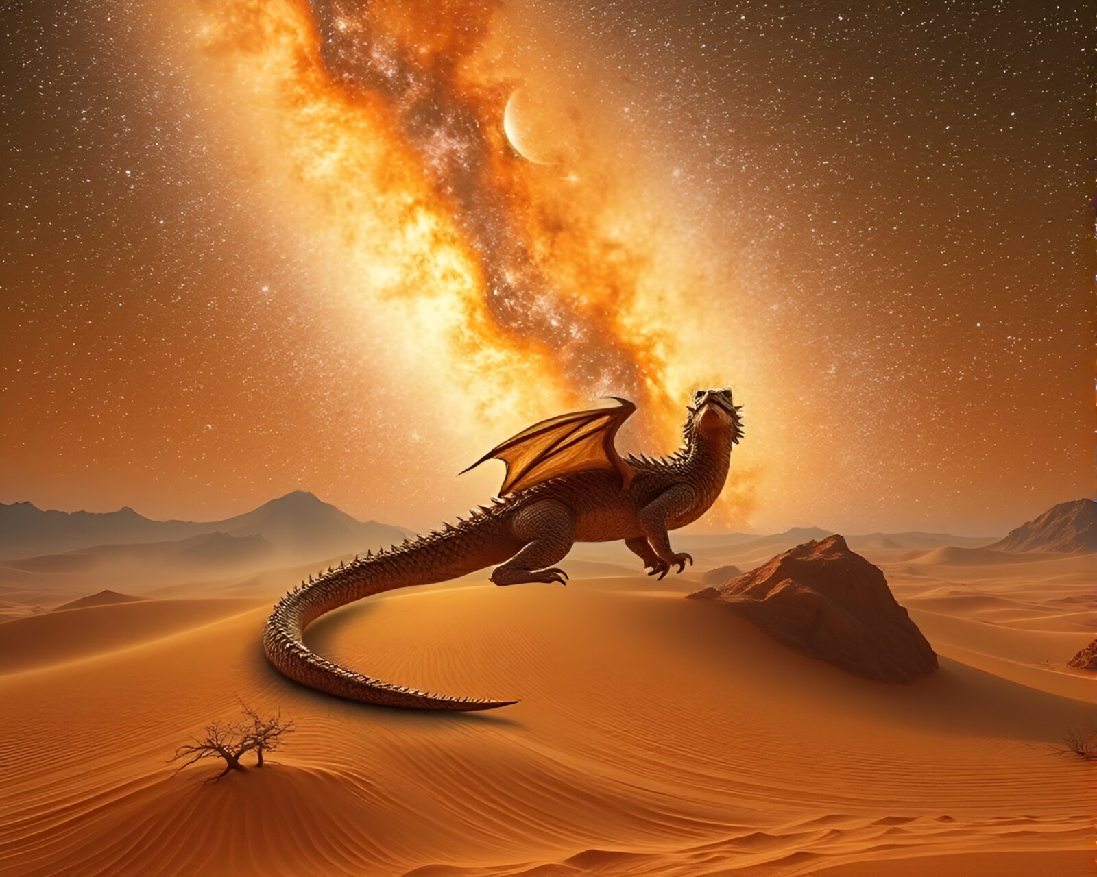 Majestic dragon soaring in sand-hued desert under vignette