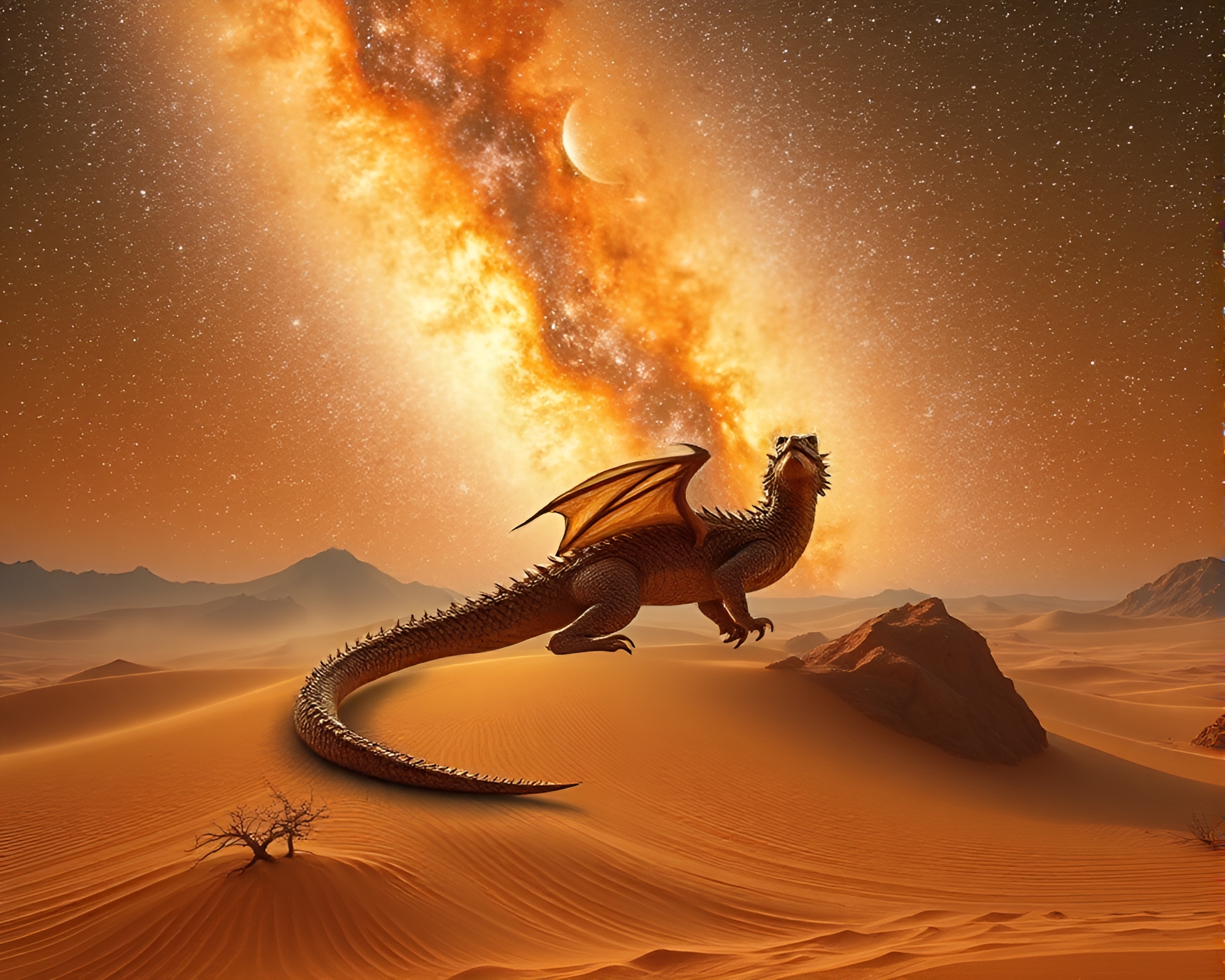 Celestial Dragon in Desert Vignette Composition – free AI stock image