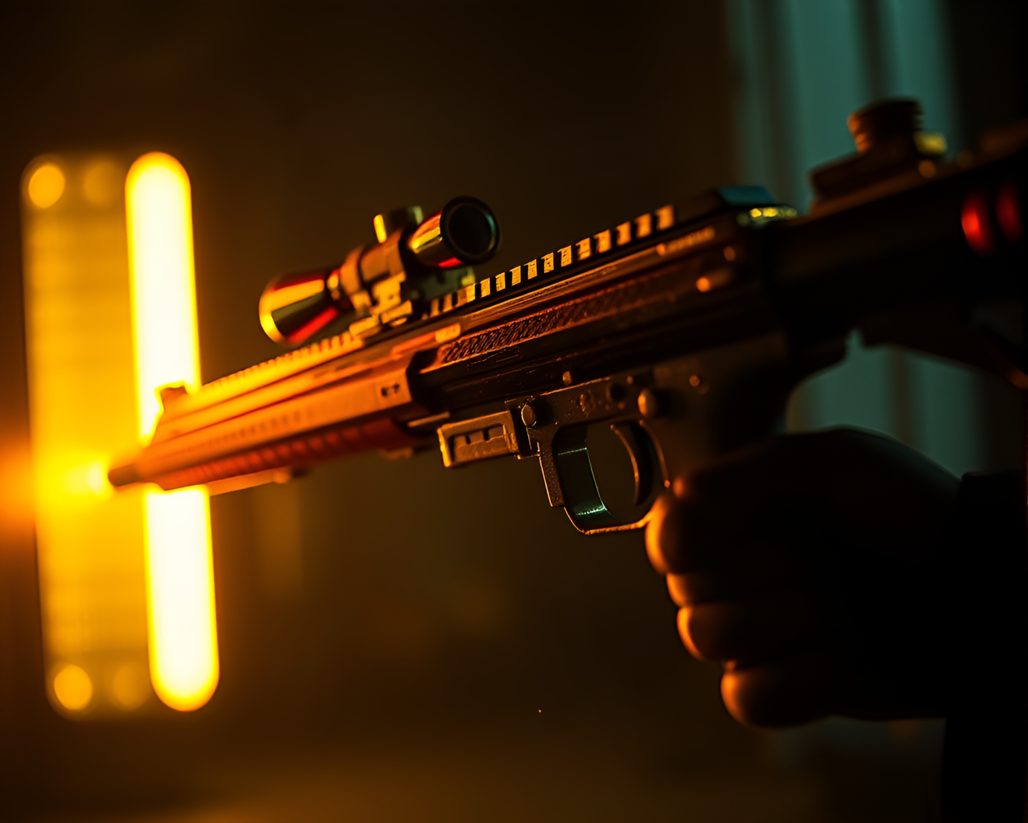 Plasma Rifle in Noir Film Setting with Gilded Highlights – free AI stock image