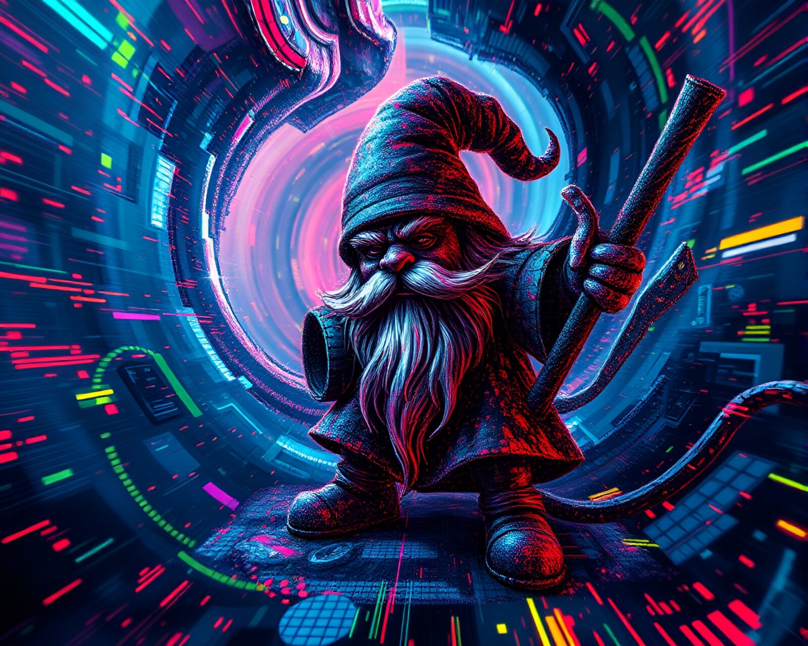 Fantasy dwarf surrounded by swirling glitchy cybernetic textures