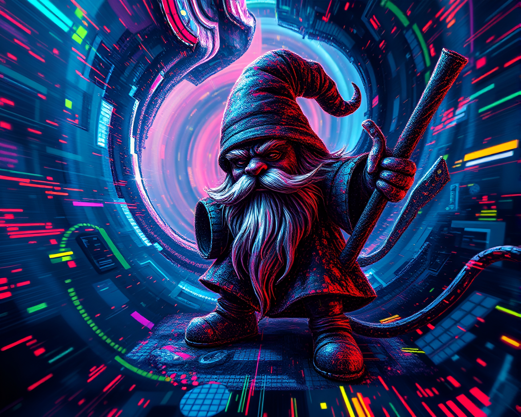 Dwarf in Cybernetic Glitch Vortex – free AI stock image