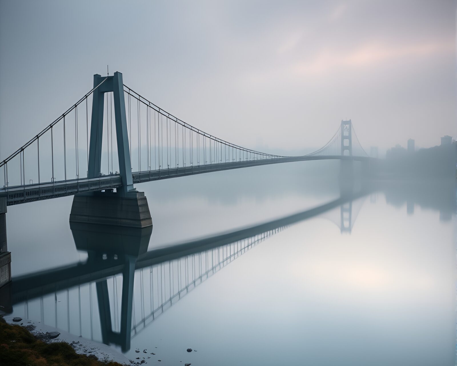 Abstract mirror shard reflection of suspension bridge in pastel hues