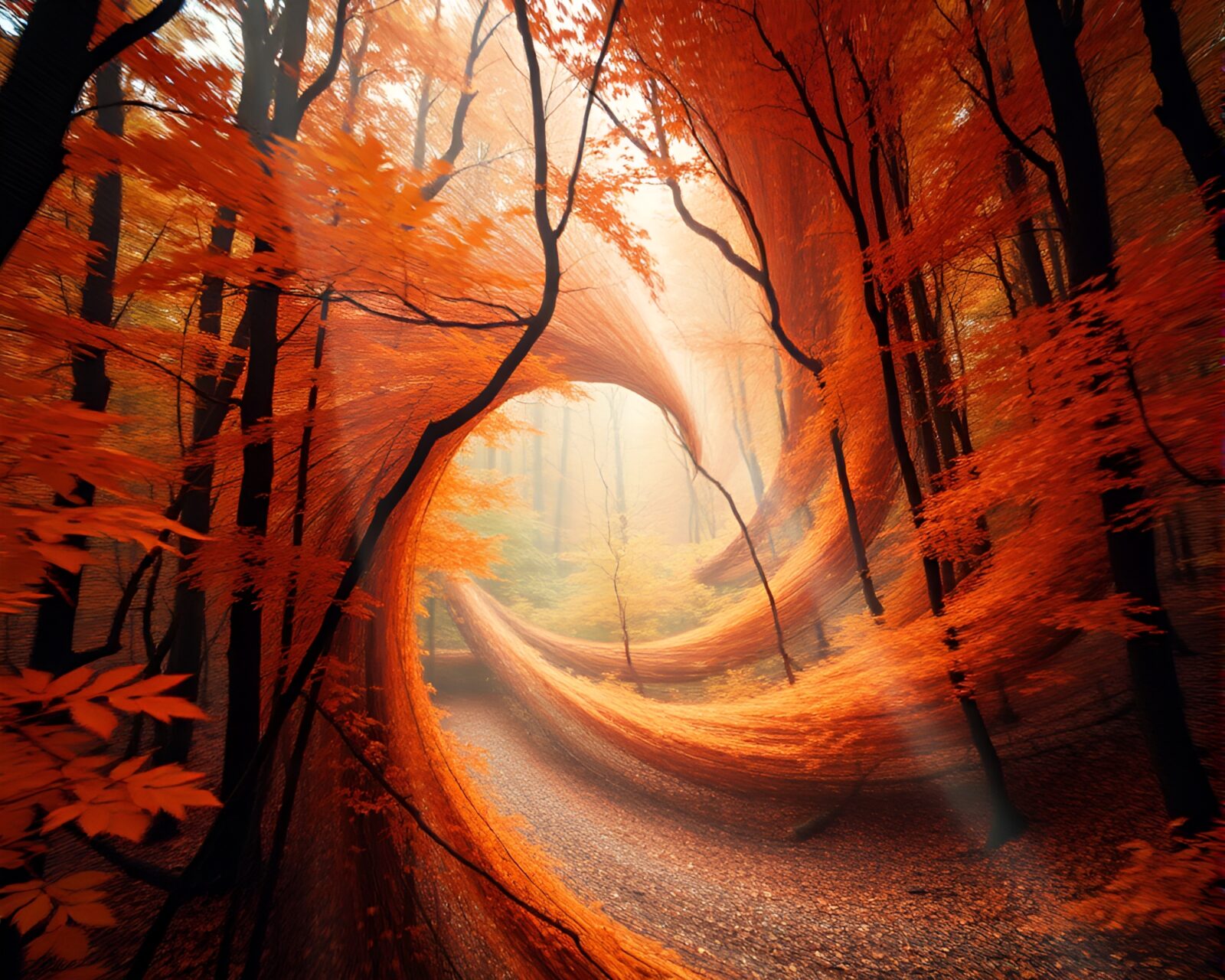 Majestic autumn forest with swirling vortex of jewel tones.