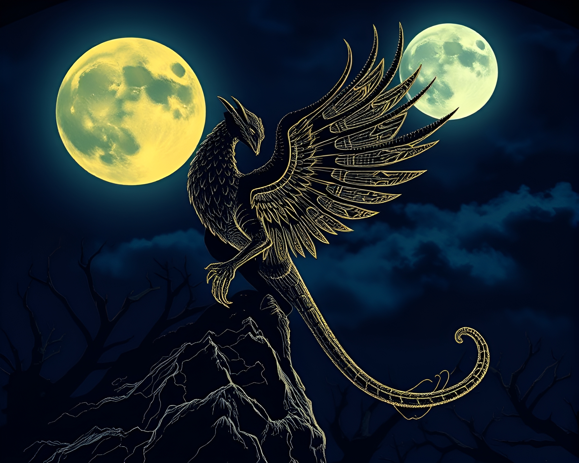 Moonlit Chimera Blueprint at Tilted Angle – free AI stock image