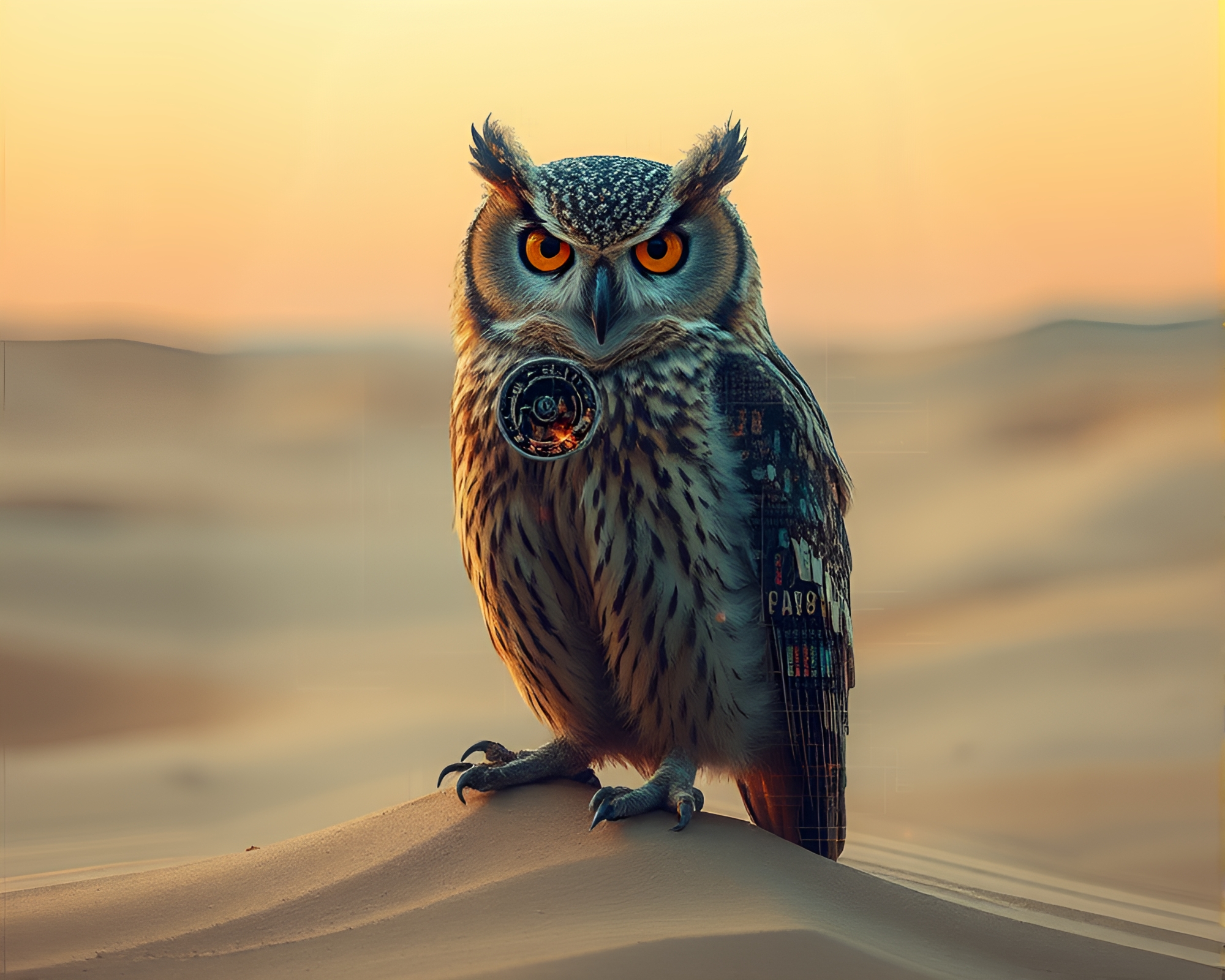 Clockwork Owl Glitching in Desert Sand Hues – free AI stock image