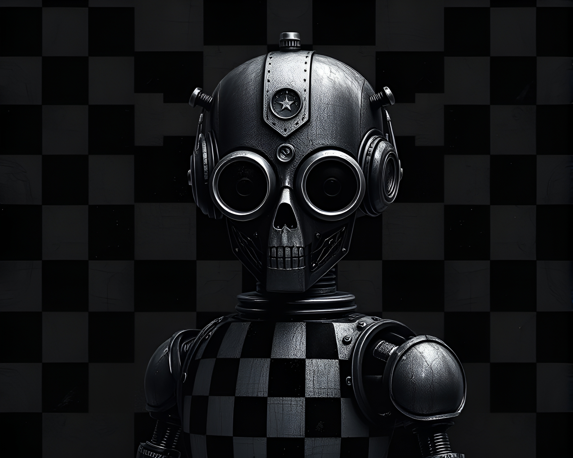 Checkered Steampunk Robot in Charcoal Black Algorithmic Art – free AI stock image