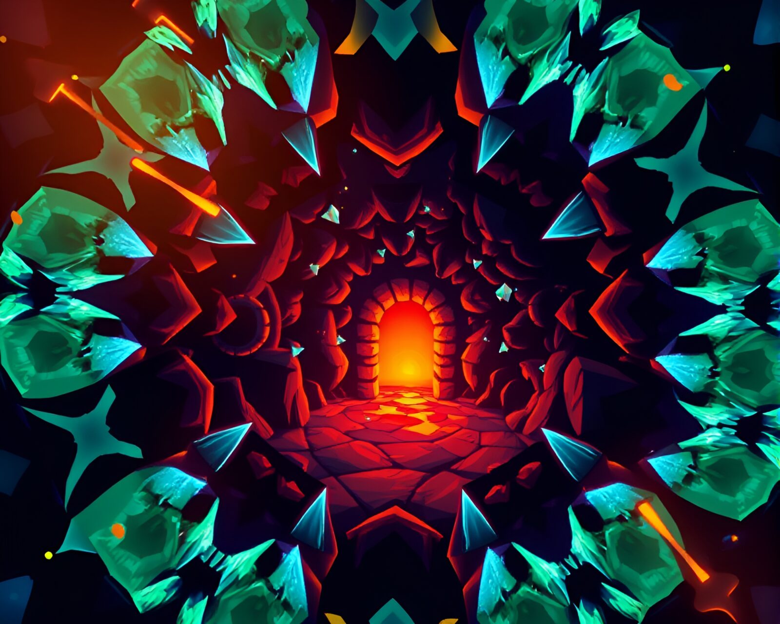 Colorful 8-bit dungeon with kaleidoscope patterns and torchlight