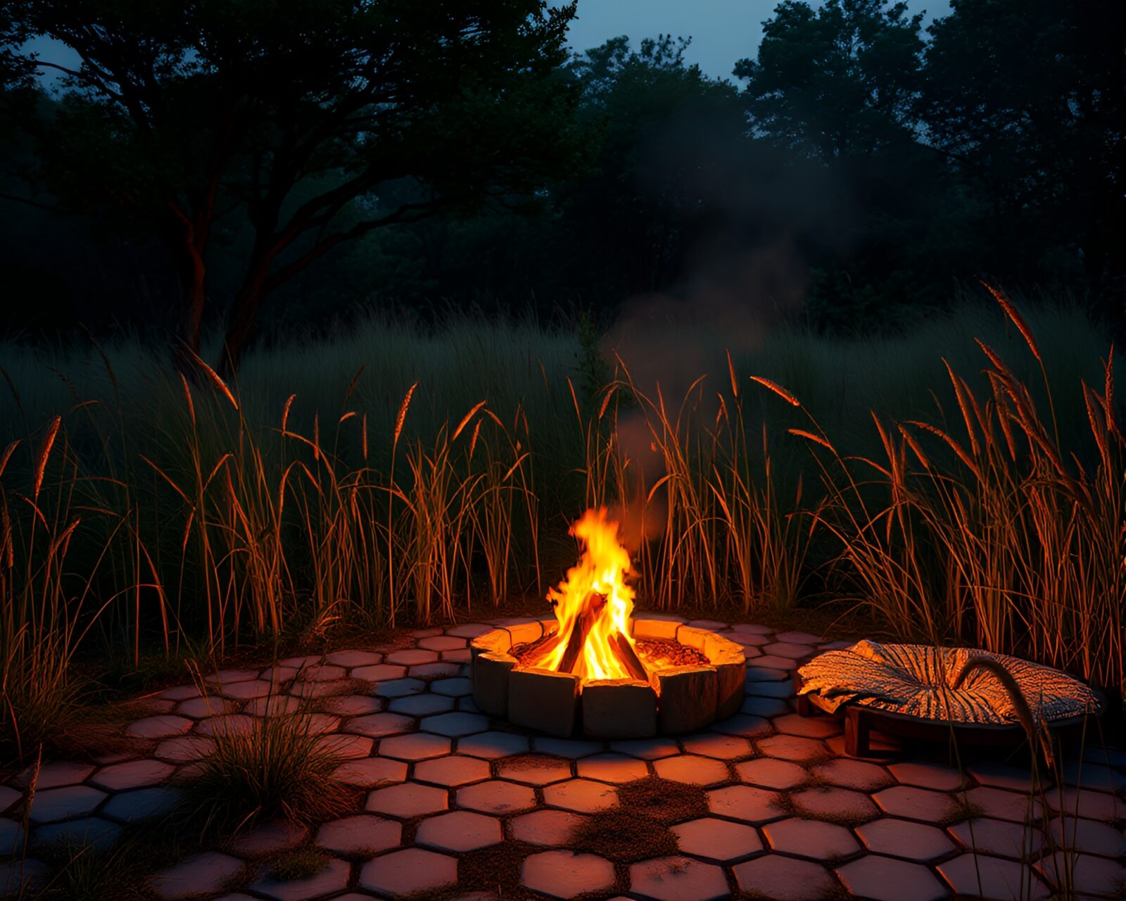 Warmth from bonfire shining on hexagonal-tiled savannah grass