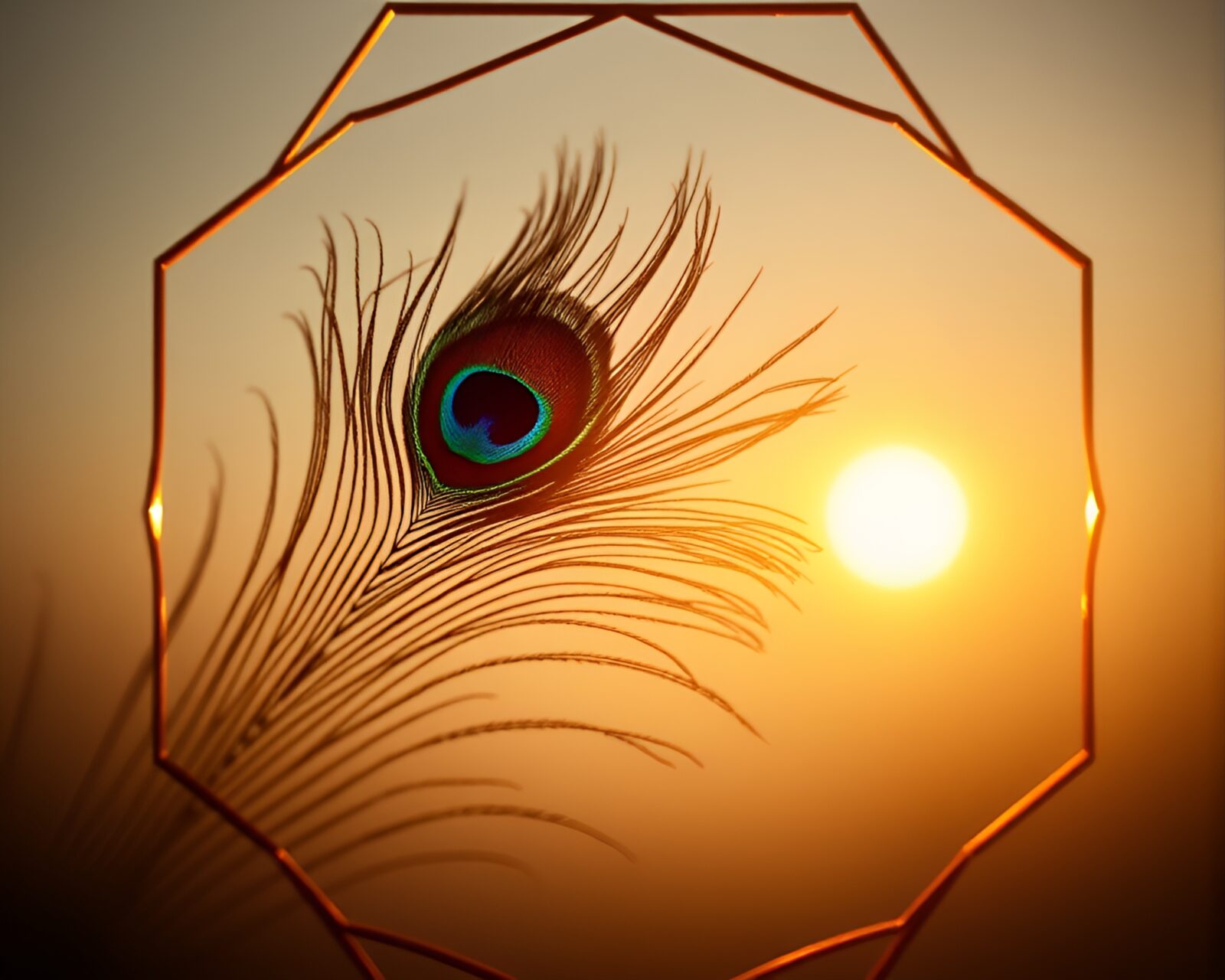 A stunning peacock feather framed within intricate geometric shapes under a golden sunset glow.
