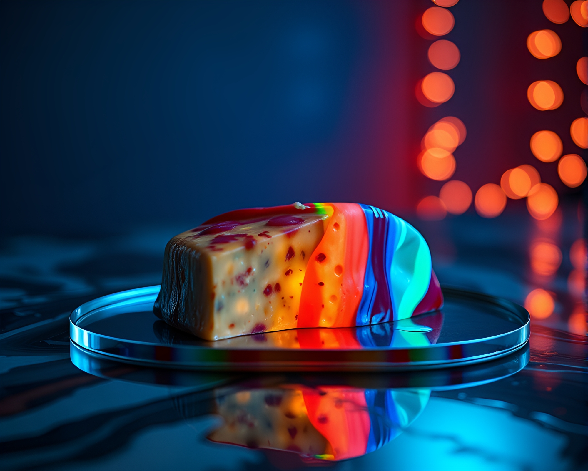 Glitch Cheese Platter Reflecting Oil Slick Rainbow – free AI stock image