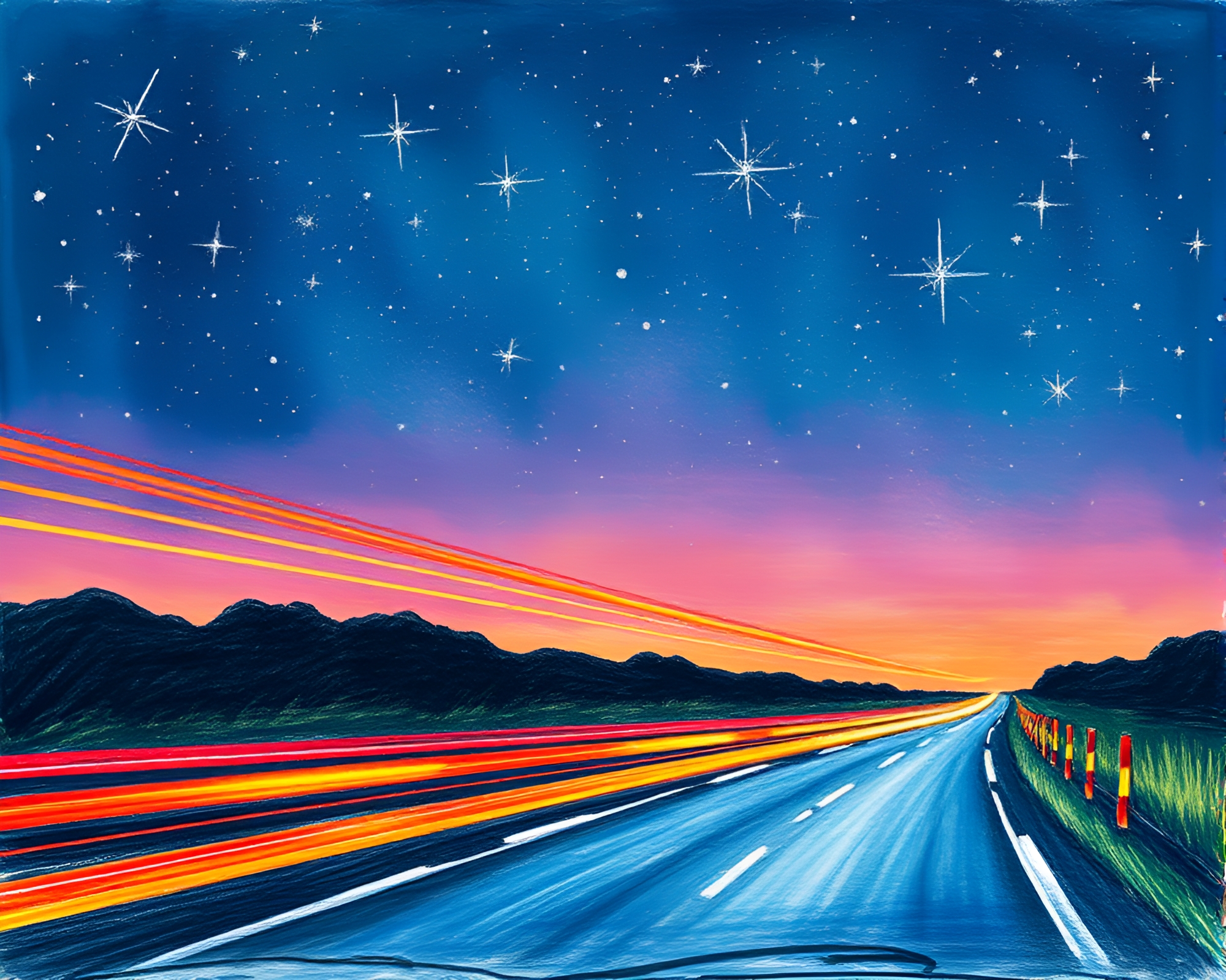 Flying Car Trails in Starlit Conté Sky – free AI stock image