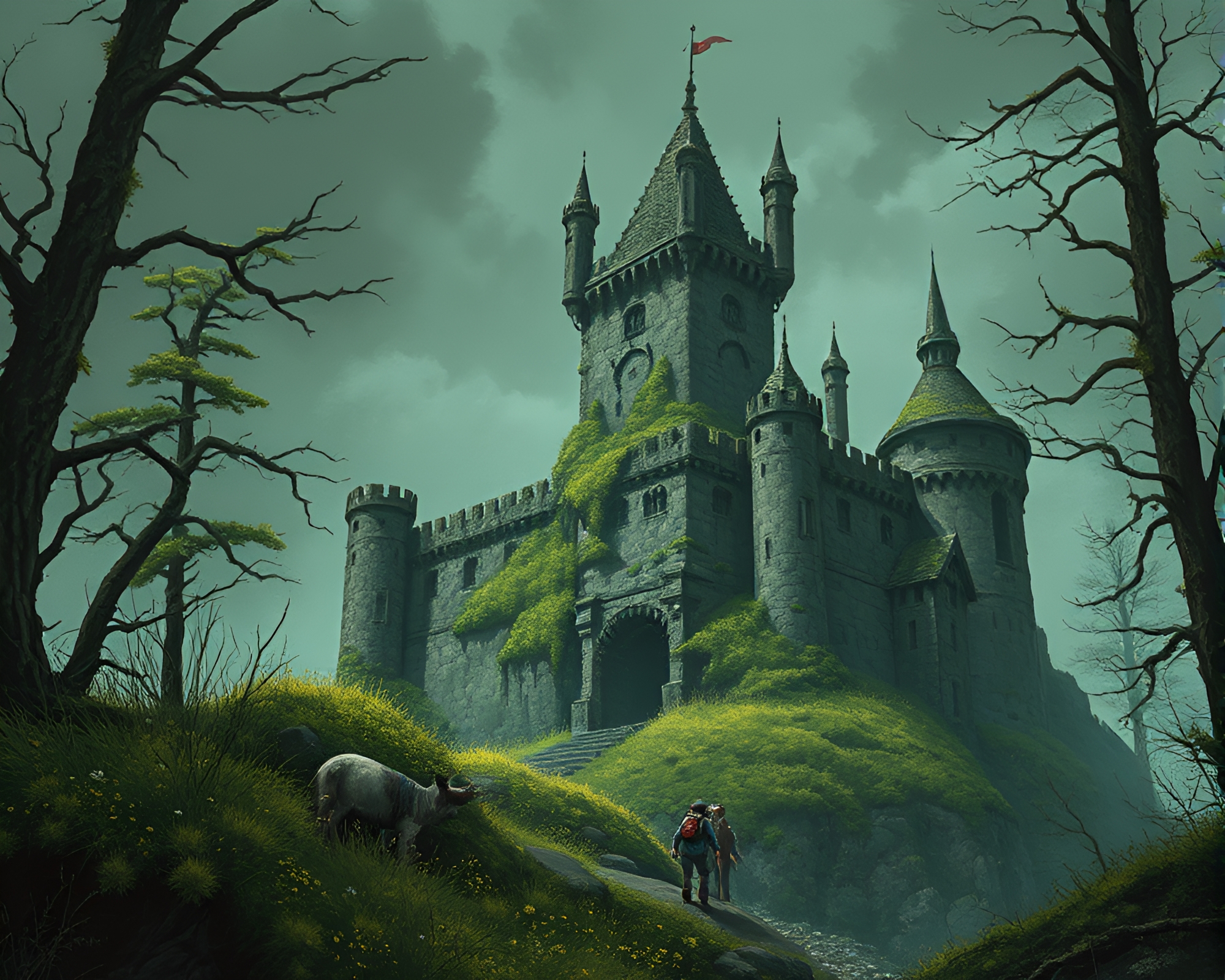 Overgrown Cyberpunk Castle with Film Grain Aesthetic – free AI stock image