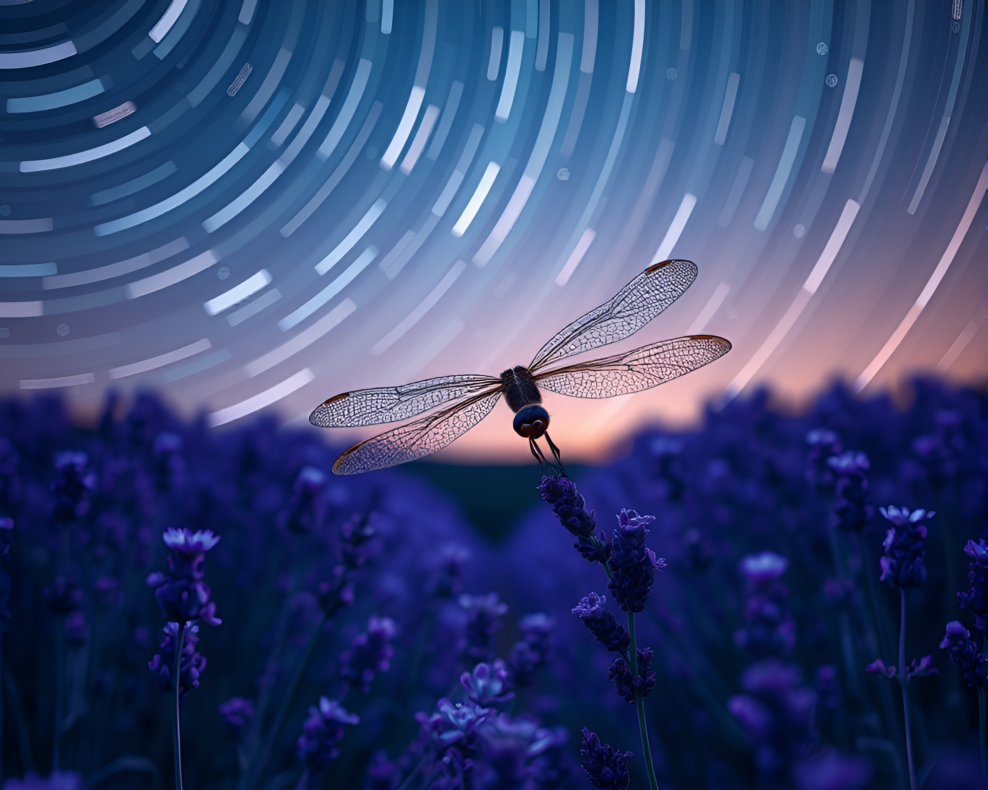 Dragonfly Wings in Lavender Star Trail Night Sky – free AI stock image