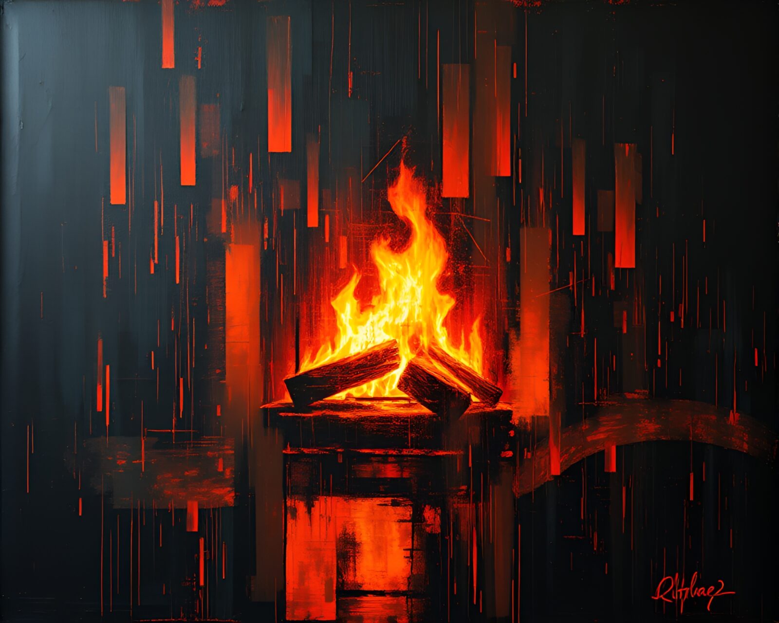 An abstract painting of a digital glitch with fireplace lighting