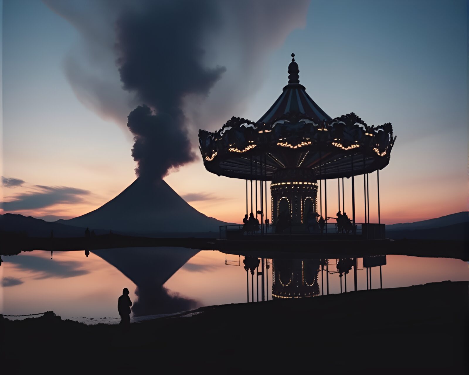 Carousel horses in volcanic ash tinted reflection silhouette collage