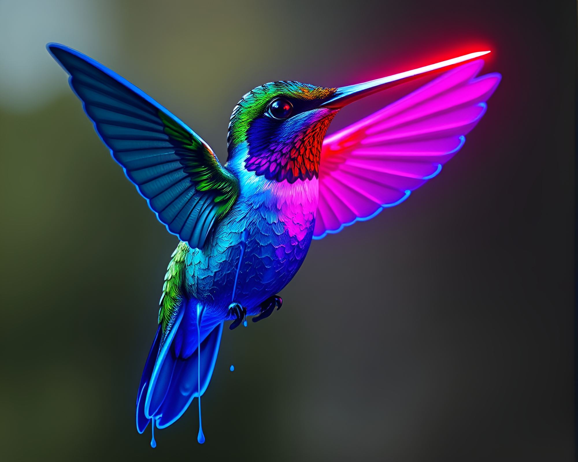 Steel-Blue Neon Hummingbird in Dripped Paint Art – free AI stock image