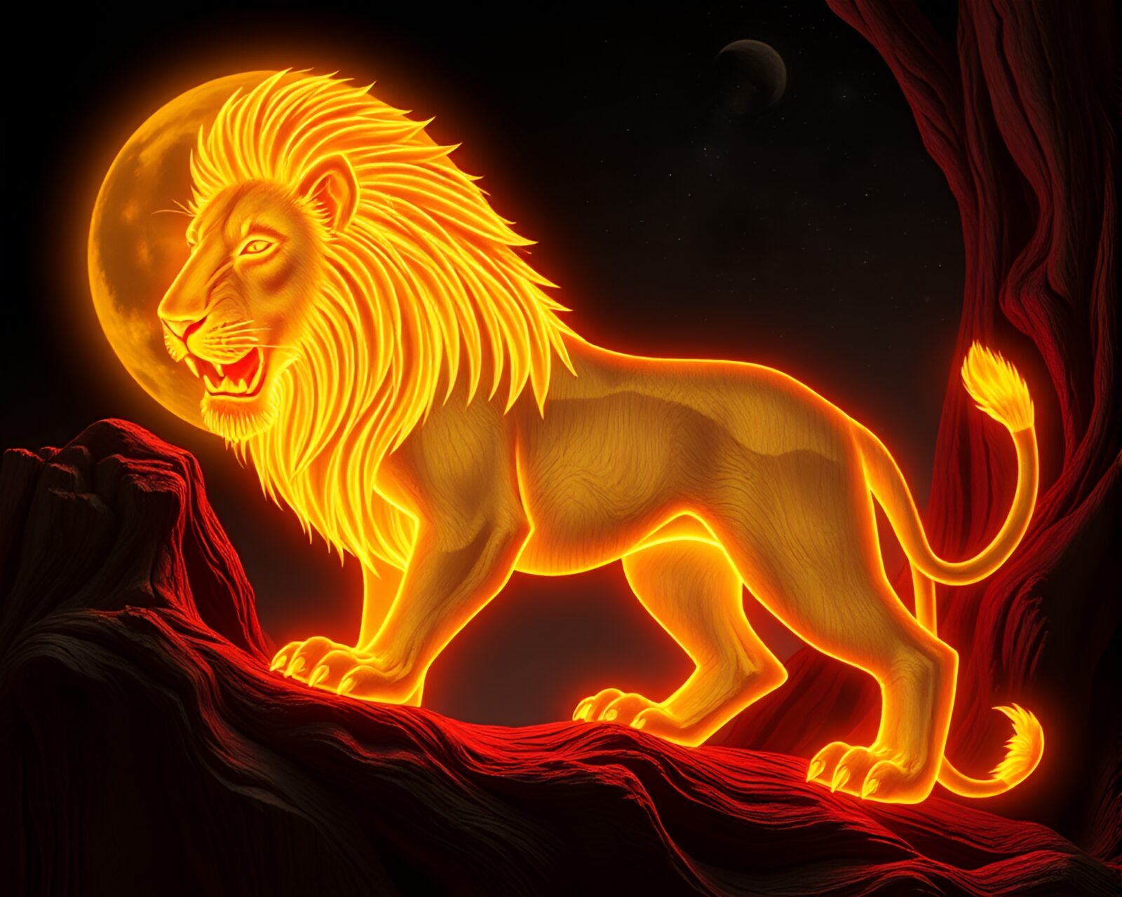Glow-in-the-dark lion contrasted against mesmerizing wood grain