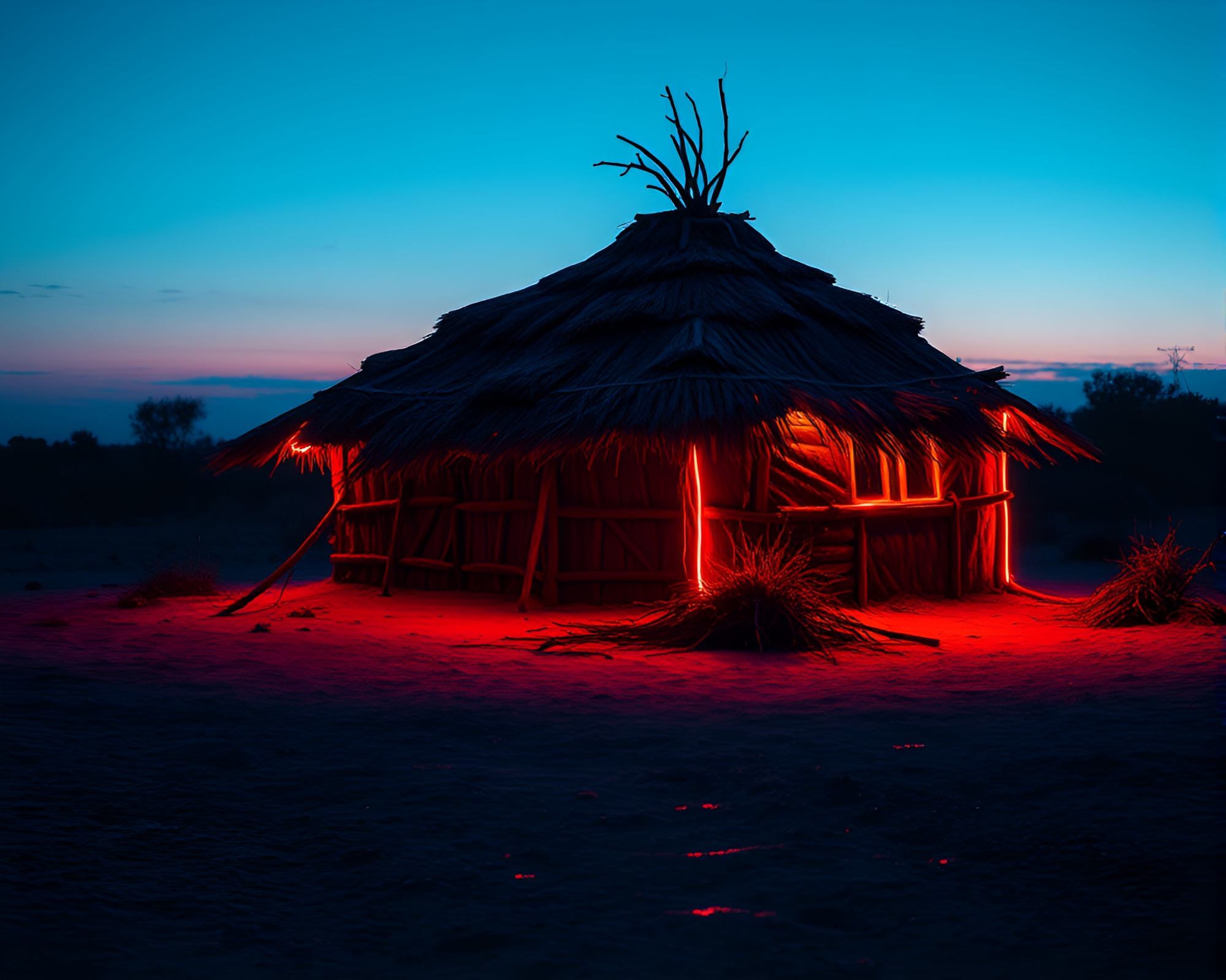 Twilight Mud Hut with Holographic Neon Reflections – free AI stock image