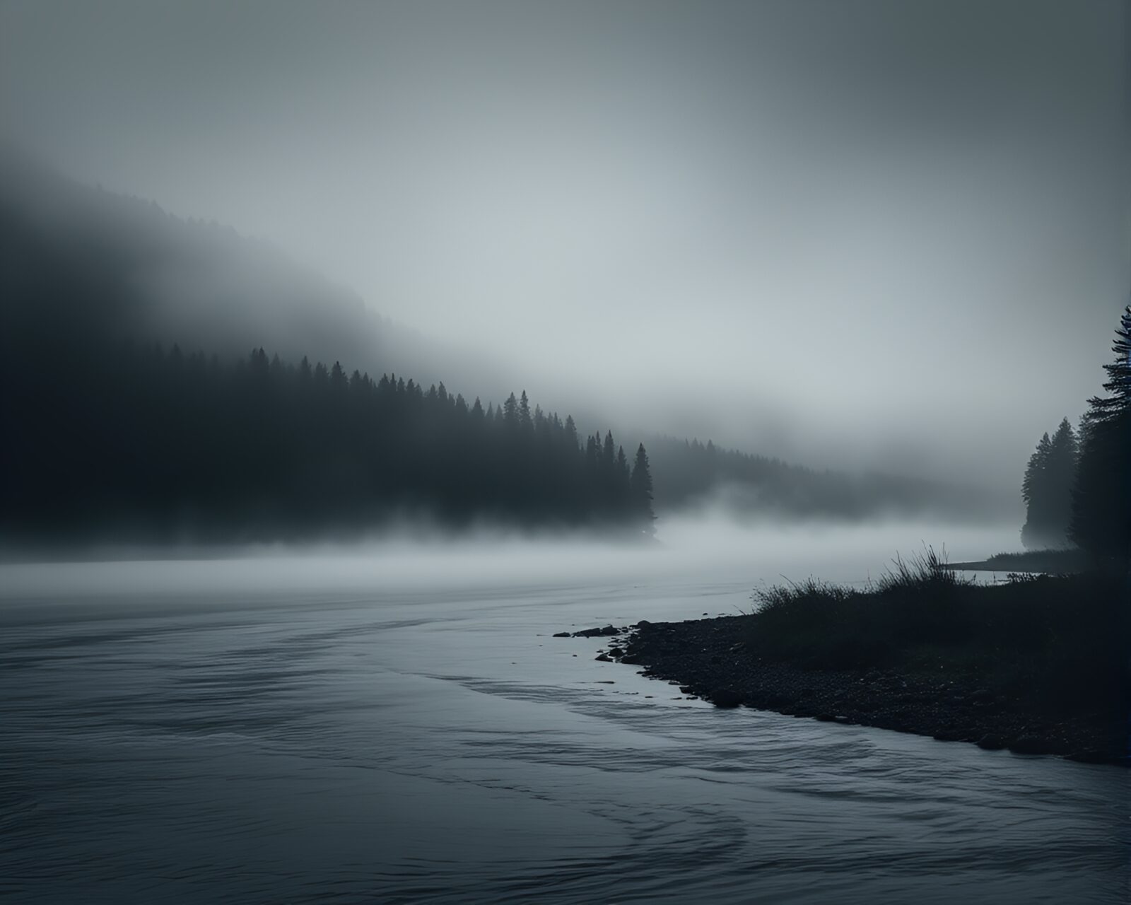 Moody tri-tone image of river shrouded in thick fog