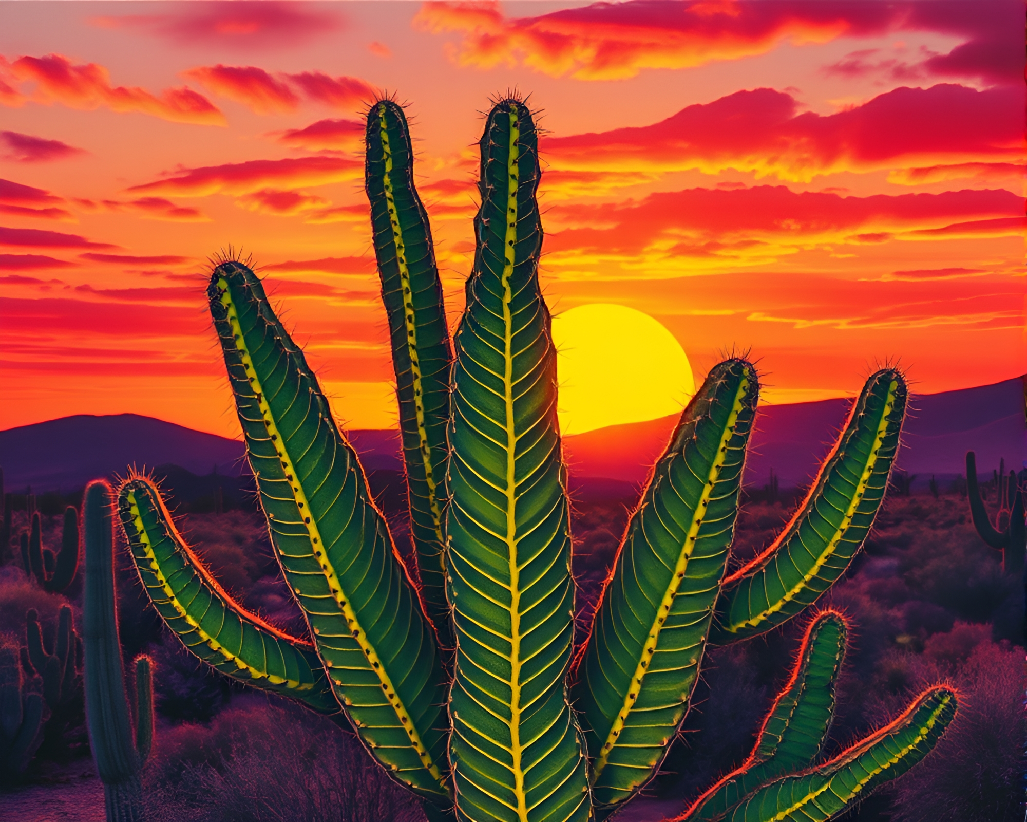 Op Art Sunset Glow Through Cactus Leaf Veins – free AI stock image