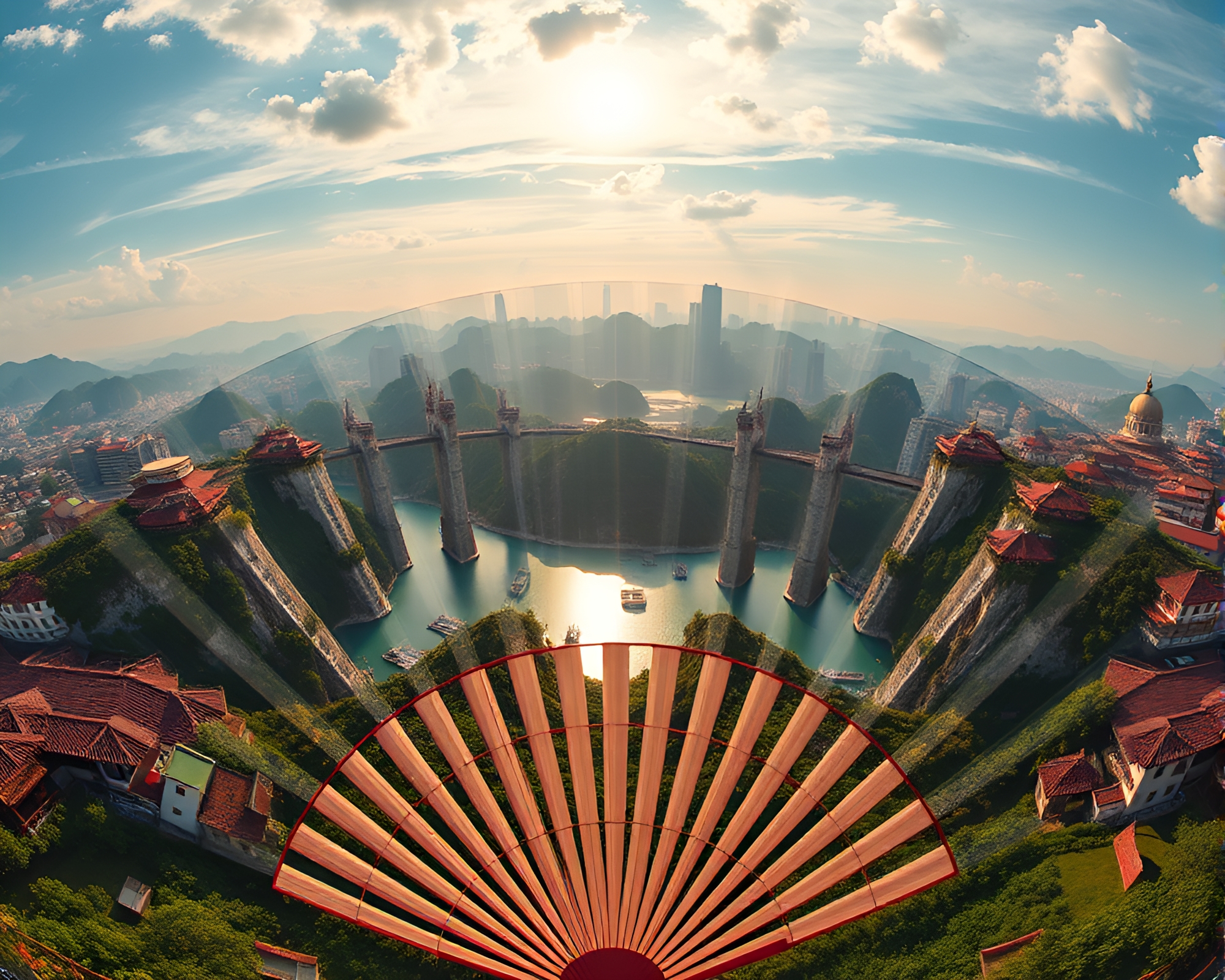 Hand-Painted Fan Overlooking Panoramic Stereograph Landscape – free AI stock image
