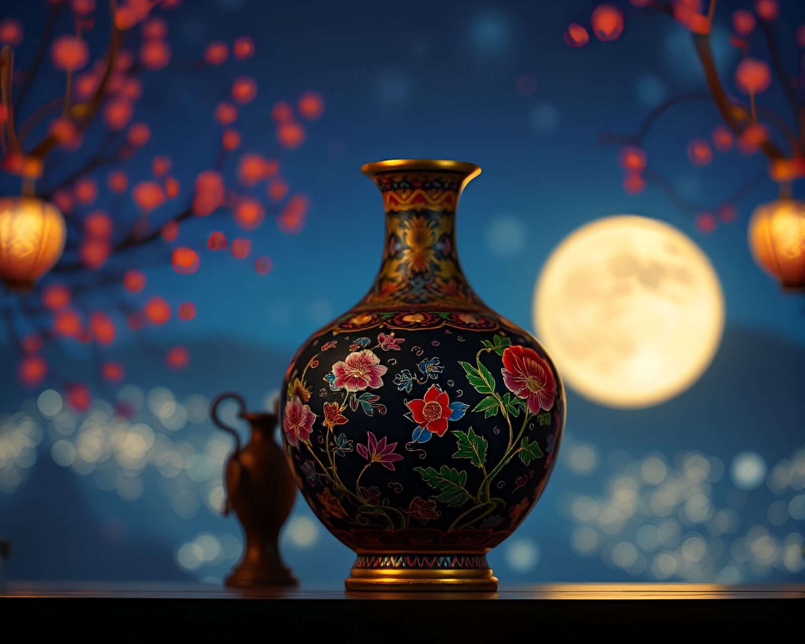 Surreal stop-motion animation of a Cloisonné vase in moonlight