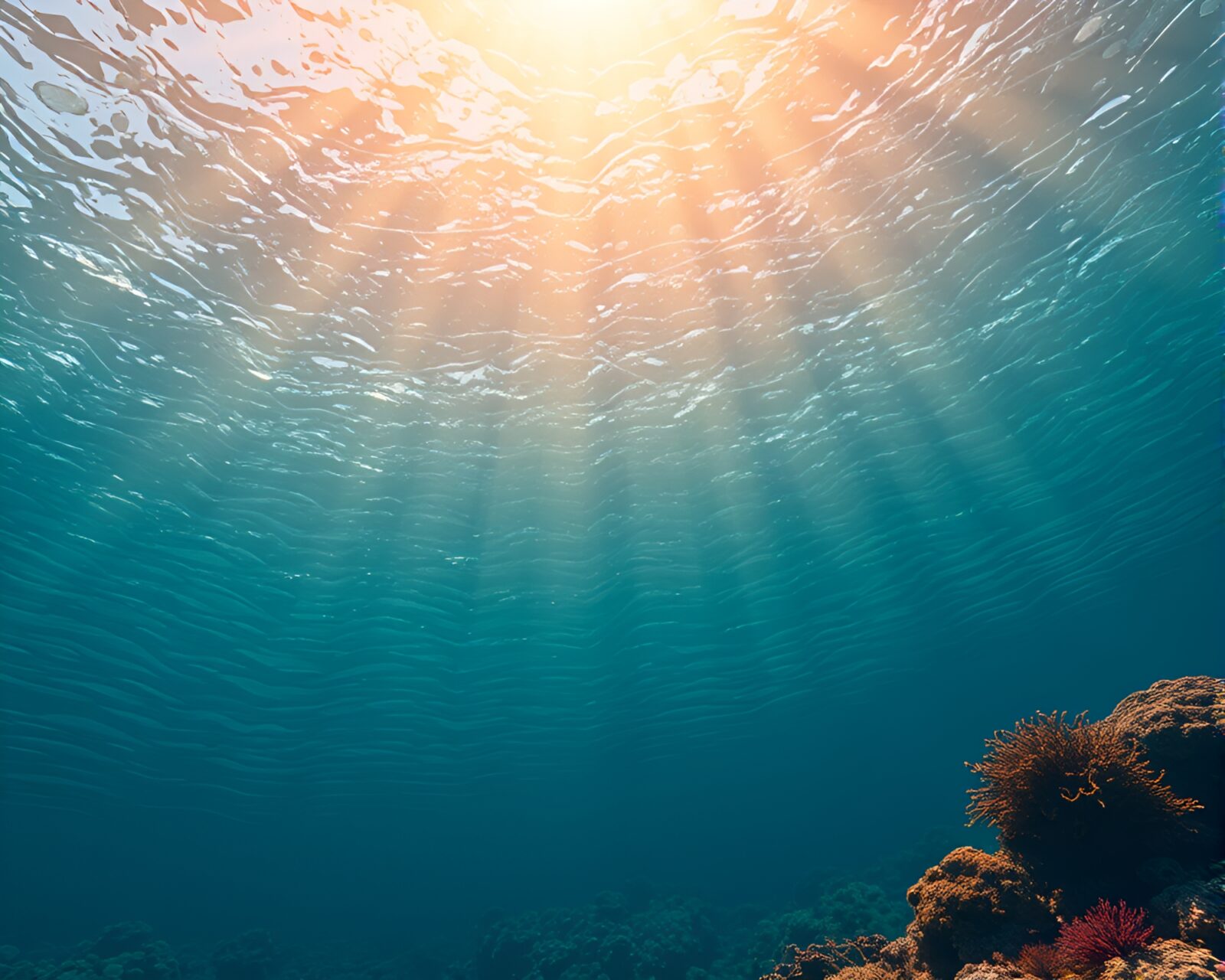 Vibrant coral reef scene with intricate ray tracing effects