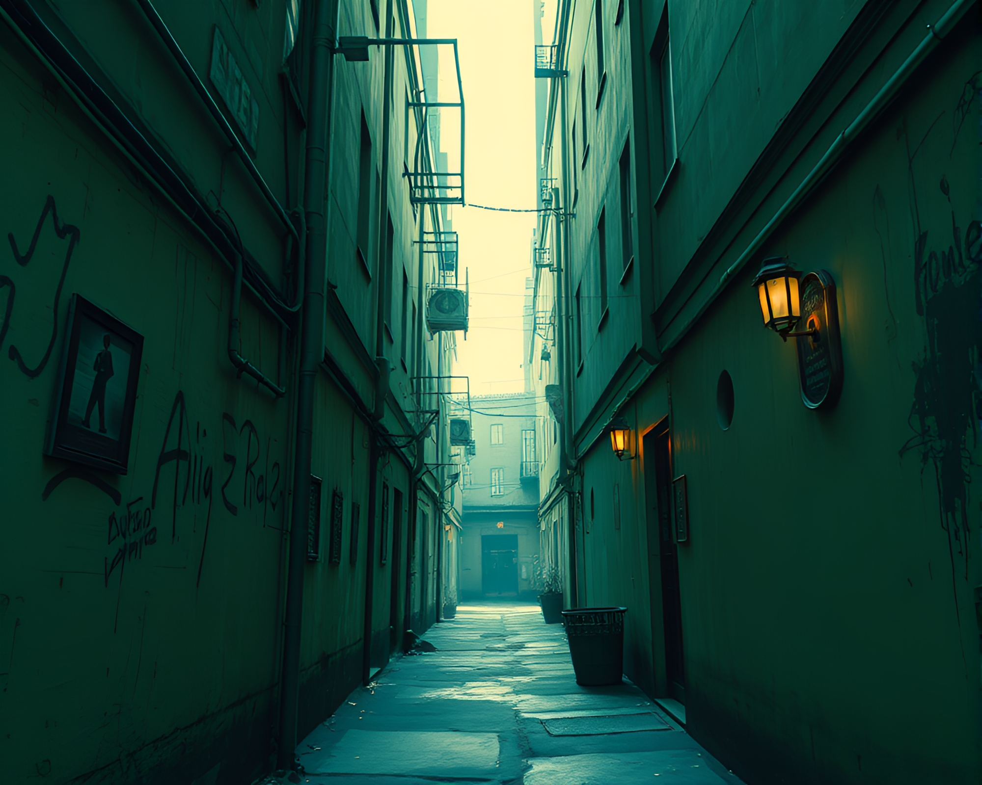 Cyberpunk Alley: Bronze Patina Trompe-l’oeil Composition – free AI stock image