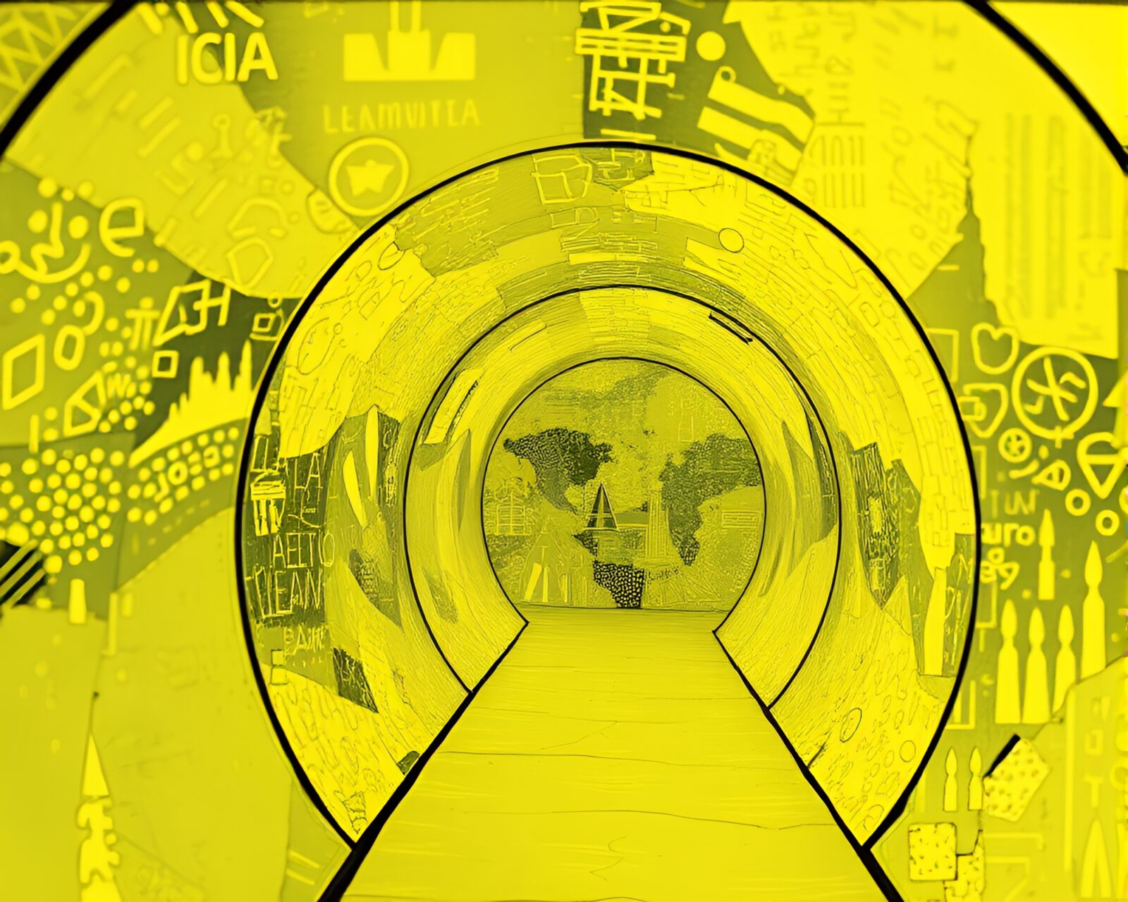 A surreal collage of lemon yellow glass tunnel