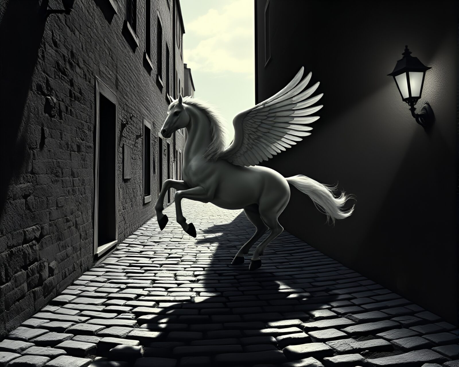 Fantastical Pegasus walking on cobblestone path in dim attic light