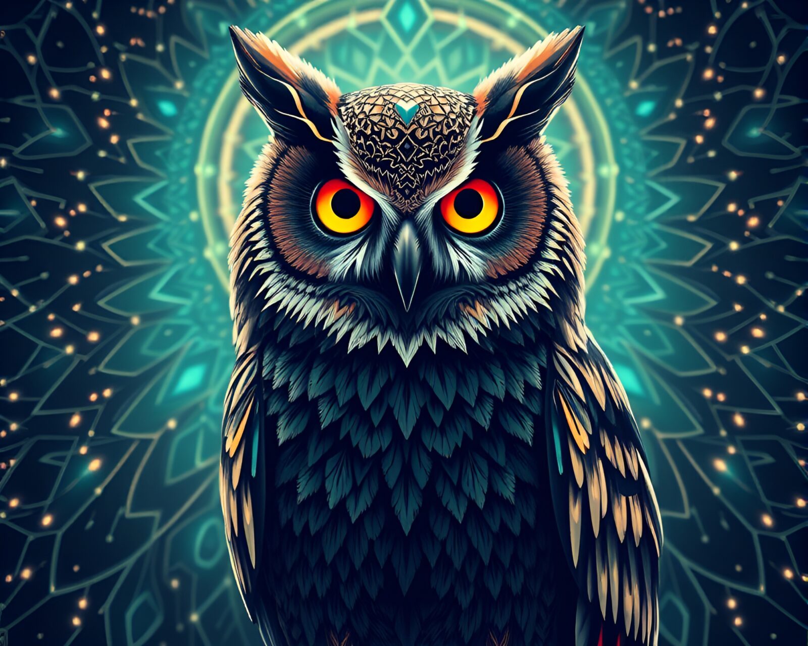 Futuristic owl with intricate patterns glowing in ambient light