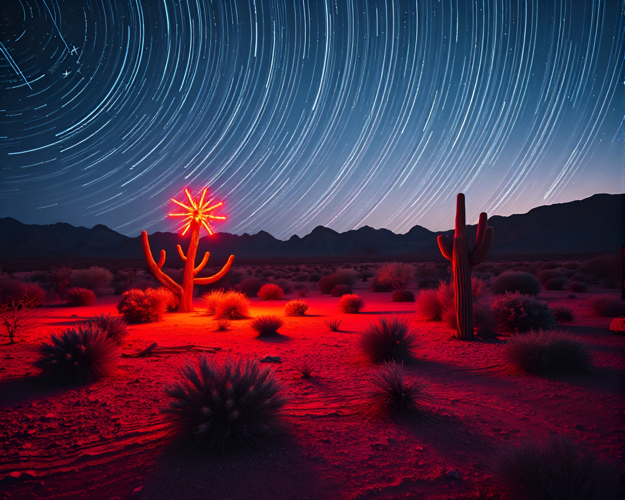 Desert Neon Star Trails Composition – free AI stock image