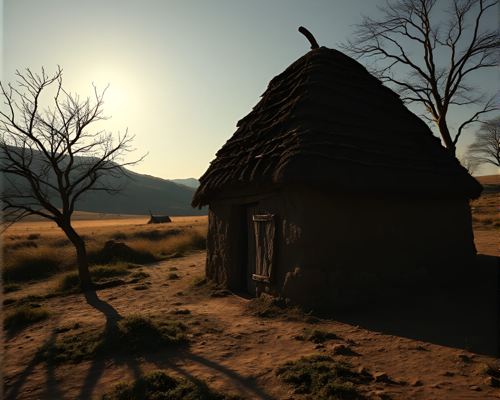 Abstract cubist mud hut surrounded by eclipse shadow