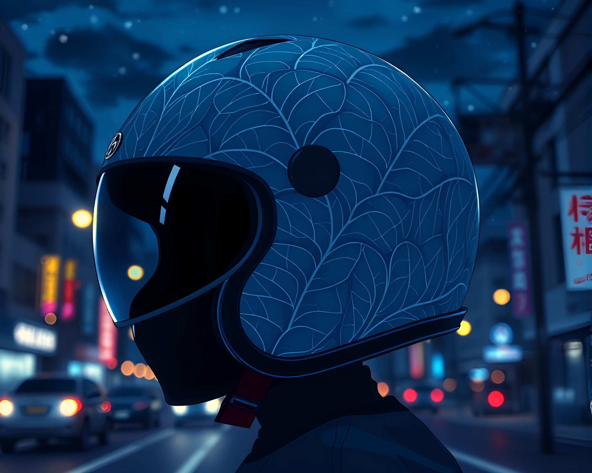 Anime Helmet with Leaf Vein Pattern in City Night – free AI stock image