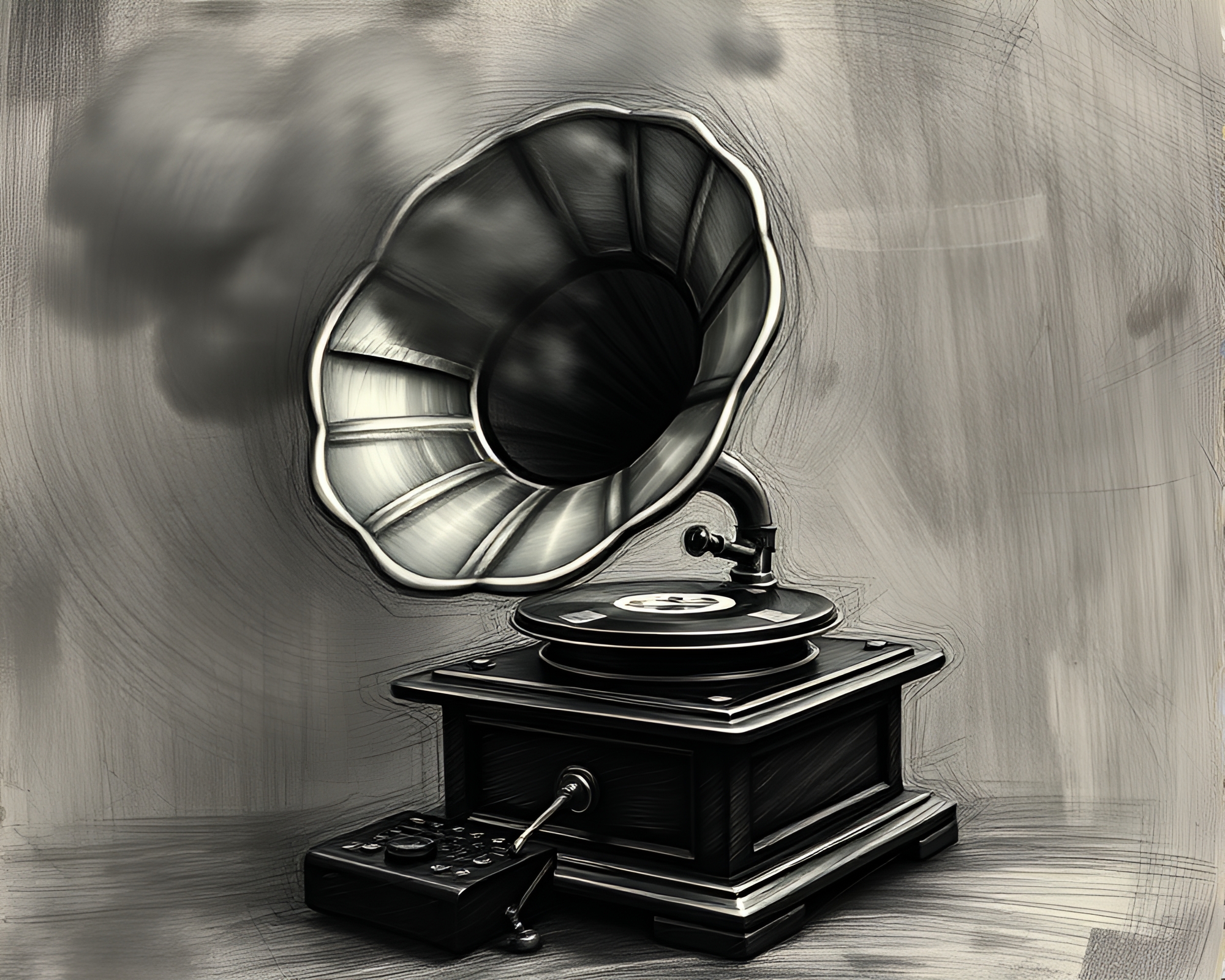 Steampunk Gramophone in Charcoal Black Hatching Motion Blur – free AI stock image