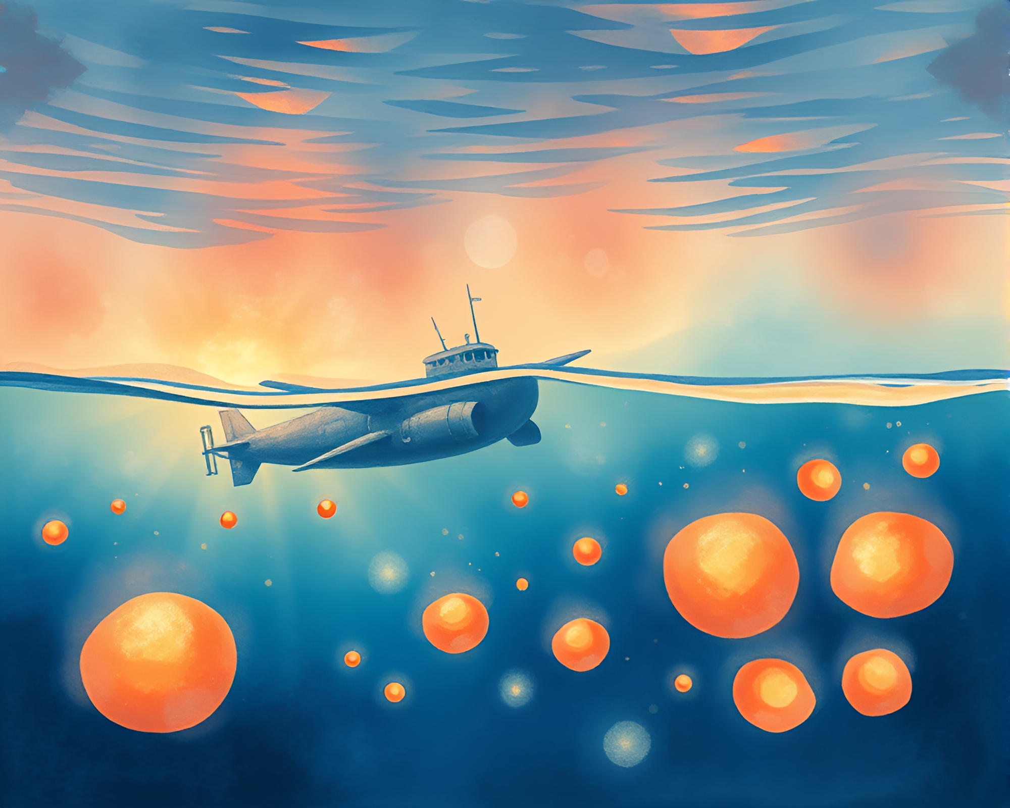 Submerged Submarine surrounded by Floating Embers – free AI stock image