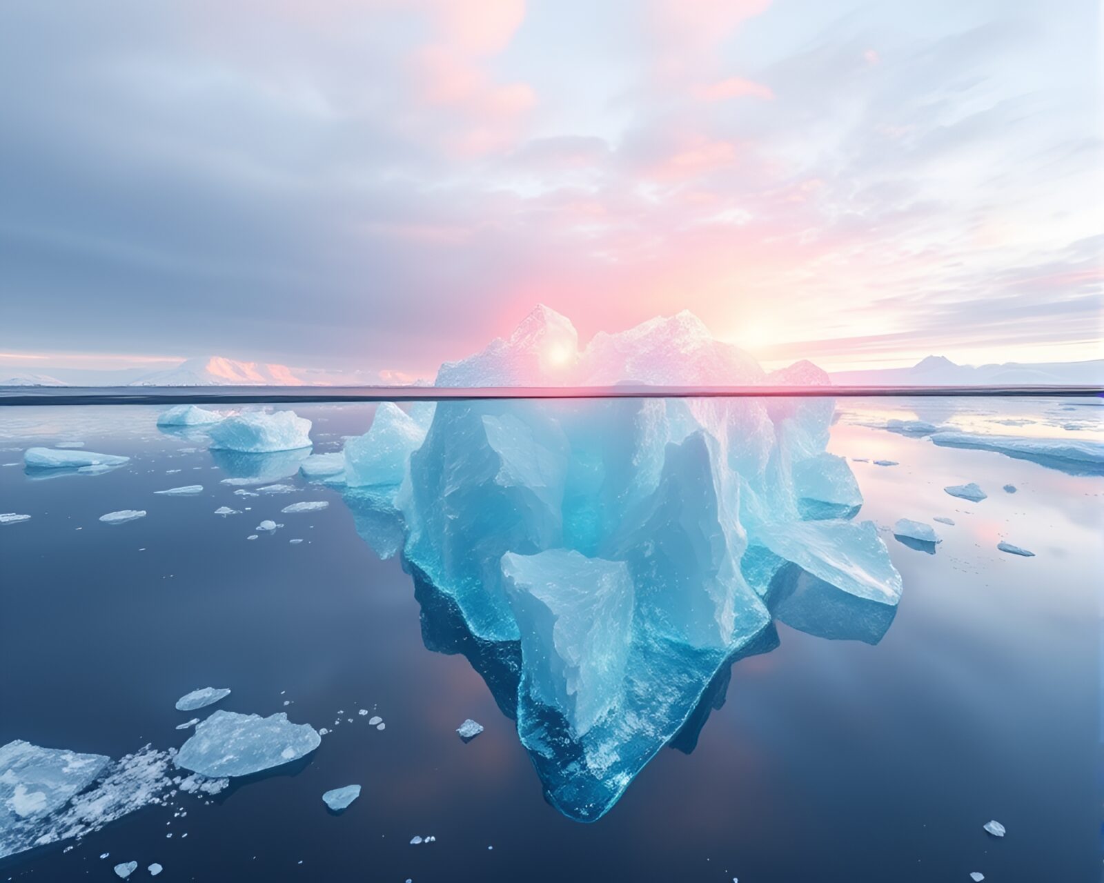 Surreal algorithmic art of Arctic iceberg covered in ice crystals